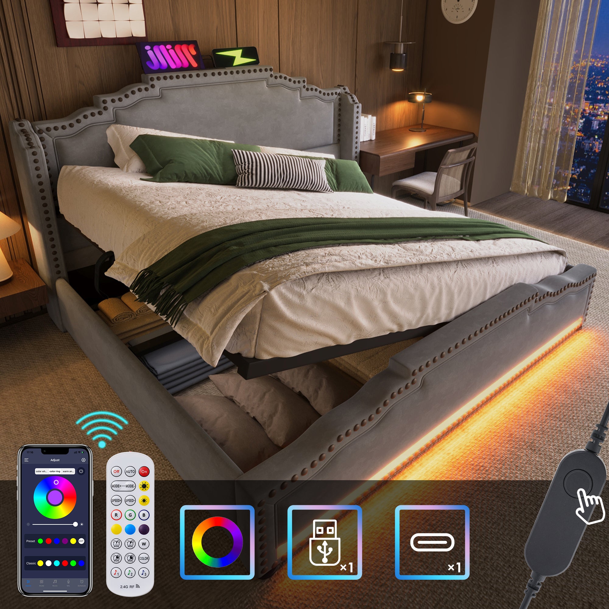 Upholstered Bed 140x200, Hydraulic Storage, LED, USB-C, Velvet Grey