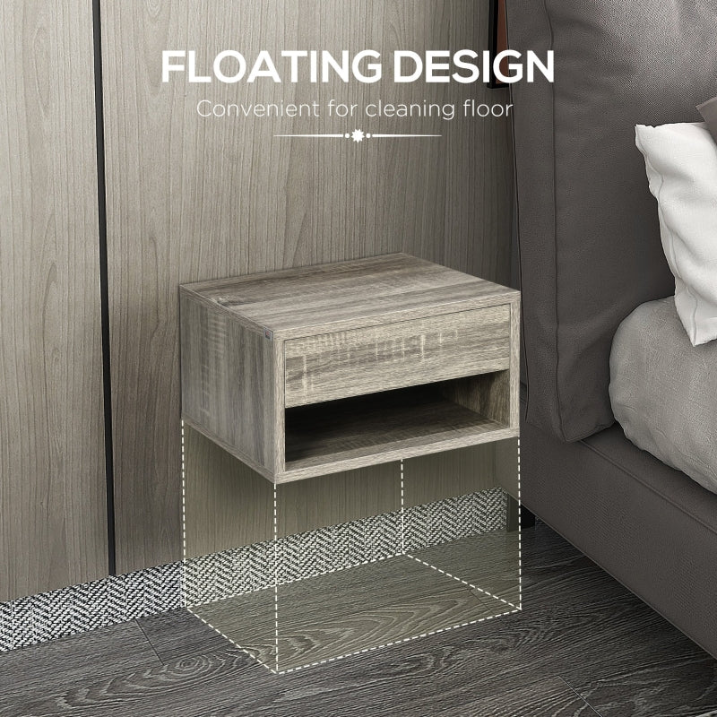 Set of Two Floating Bedside Tables Wall Mounted Nightstands with Drawer and Shelf, Brown Wood-Effect
