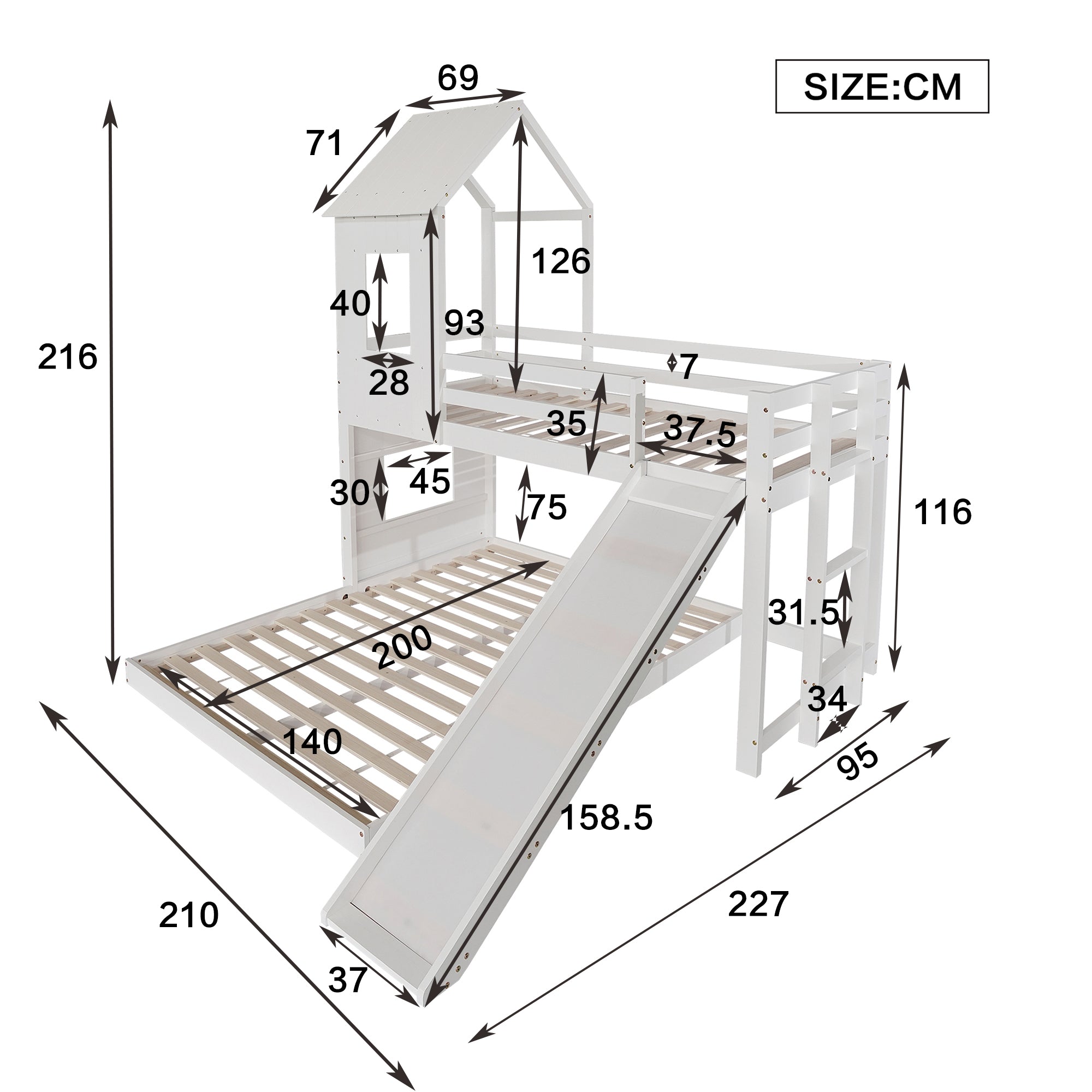 Bunk Bed, Slide House Bed with Safety Gate & Ladder, Pine + MDF, White