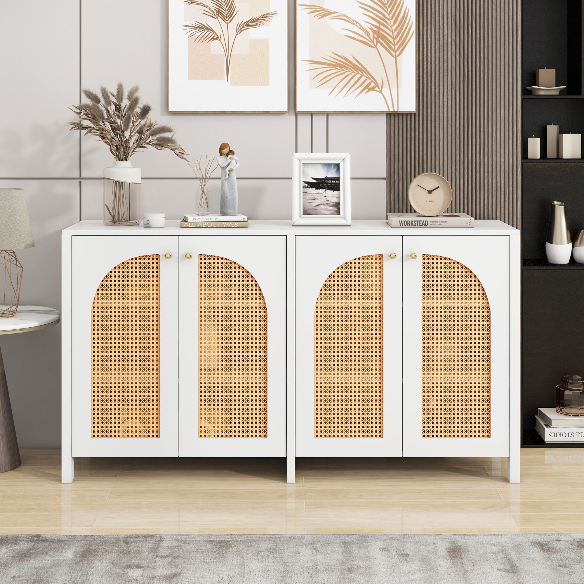 Sideboard, 4 Rattan Doors with Metal Handles, White