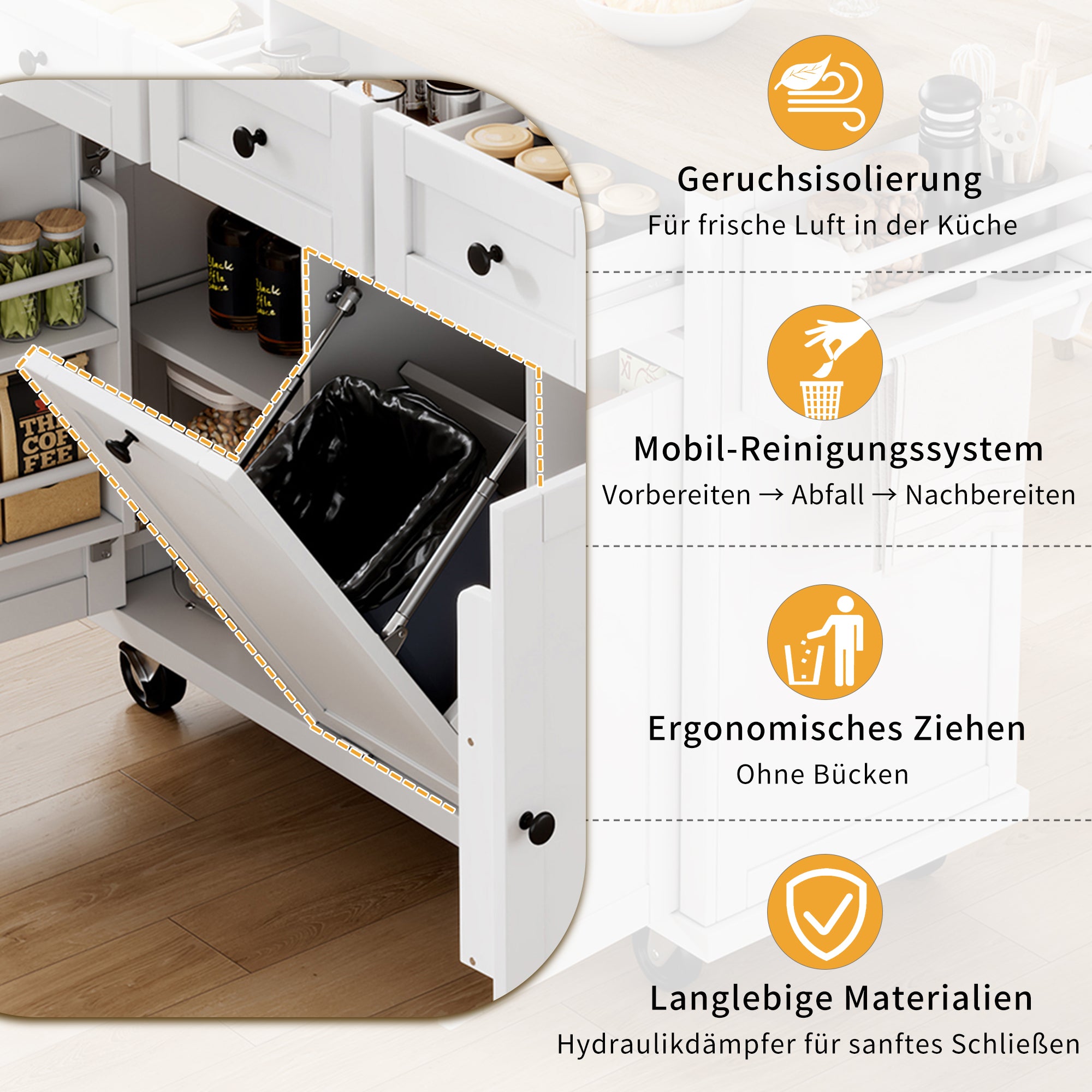 Mobile Kitchen Island Extendable Dining Area with Waste Bin & Drawers, White