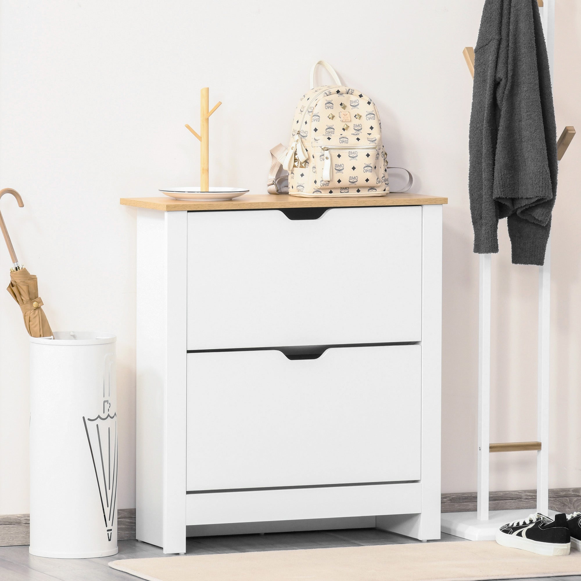 Shoe Cabinet with 2 Doors for 12 Pairs, White+Natural