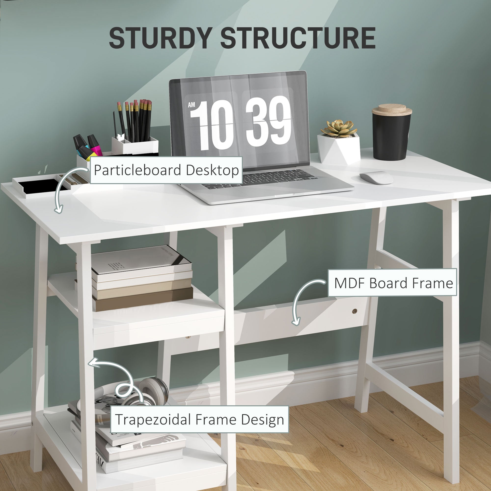 Compact Computer Desk with Storage Shelves and Bookshelf, 106 x 51cm, White