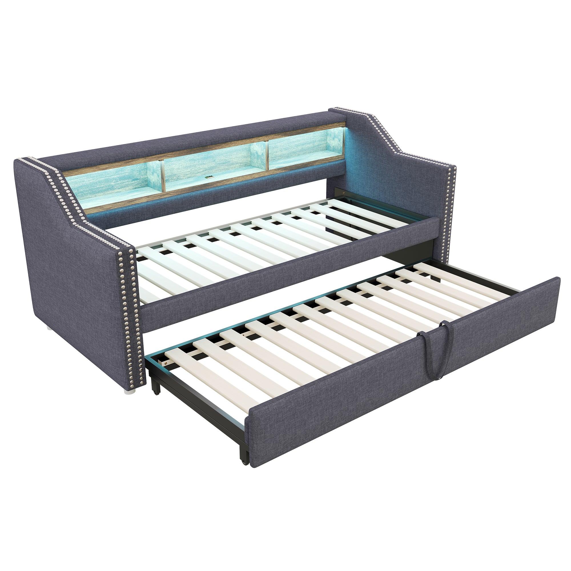 Upholstered Bed Pull-Out Sofa Bed 90/180 x 190 cm with LED & USB, Dark Grey