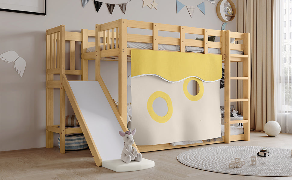 Bunk Bed with Stairs, Slide & Curtains, MDF+Pine, Natural