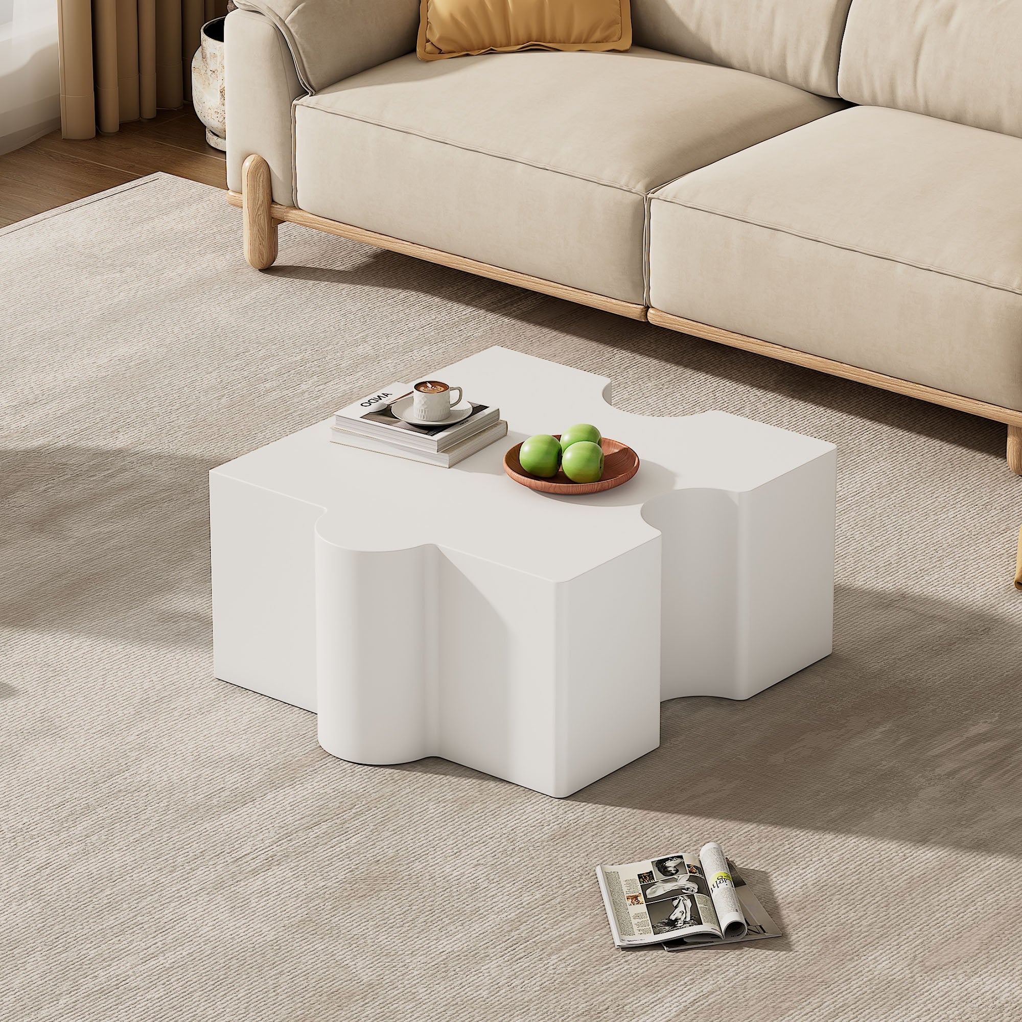 Coffee Table (65x65x32cm) Puzzle Pattern, Cold White MDF