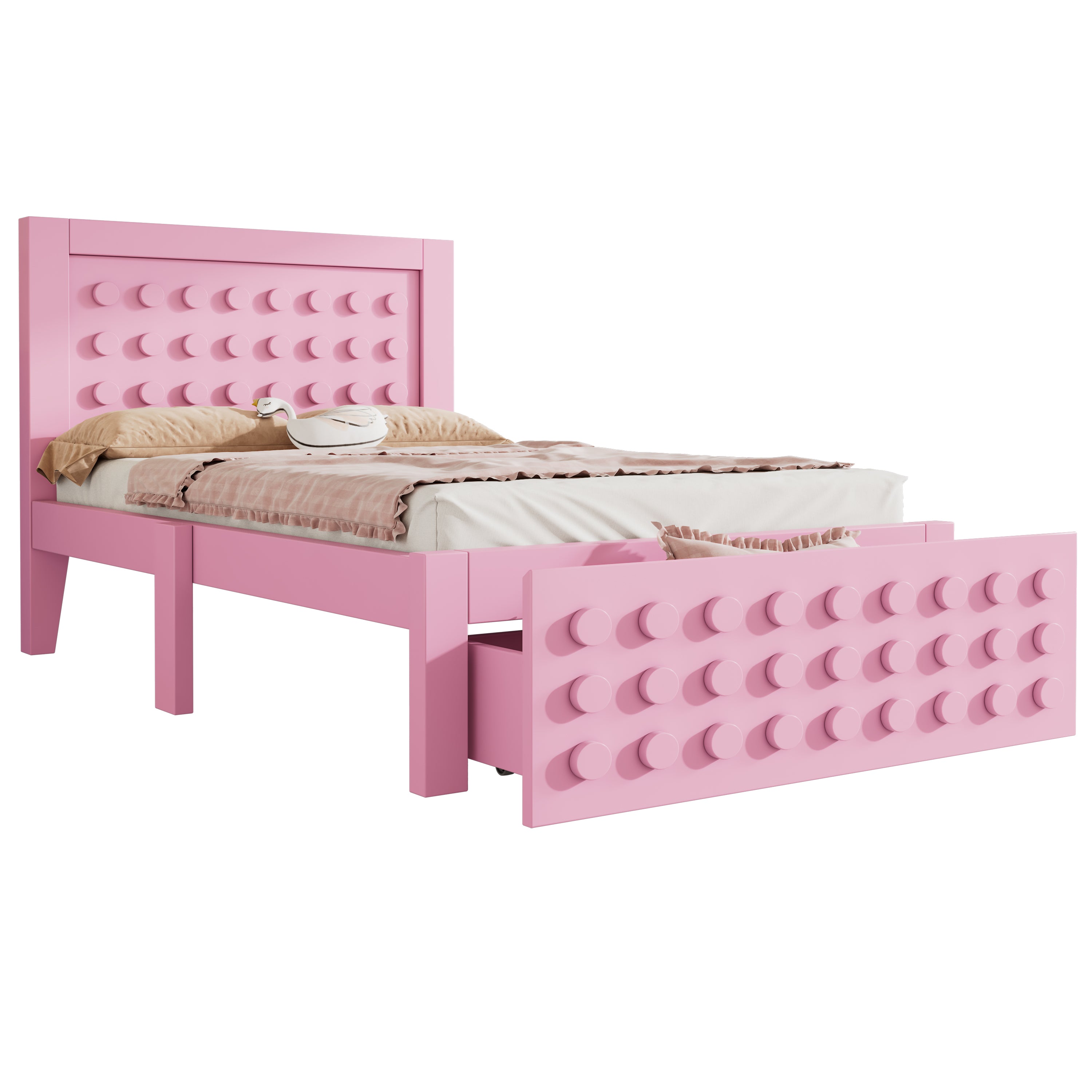 Wooden Single Bed, 90x200 cm with Drawers, Pink