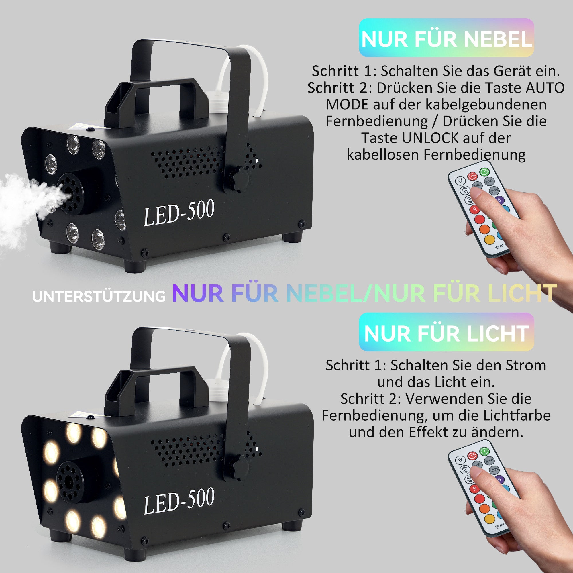 Fog machine 450W with 13 colored LED lights and RGB effect, wired and wireless remote controls