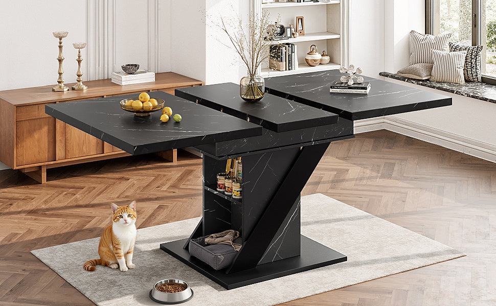 Telescopic Dining Table 110-140x80cm Extendable - Black Marble Look
