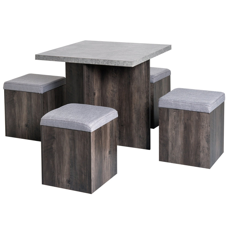 5PC Dining Set Space Saving Design, 4 Storage Stools with Cushions + 1 Table, Wooden
