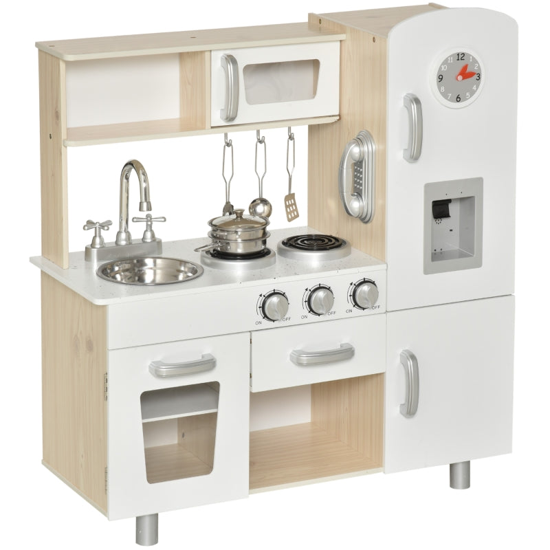 Children's Kitchen Playset with Accessories and Storage for Ages 3+, Pine and MDF, White