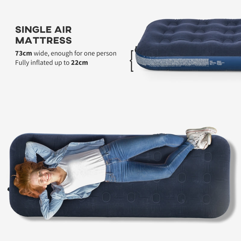 Single Air Bed Inflatable Flocked Mattress with Hand Pump, Blue