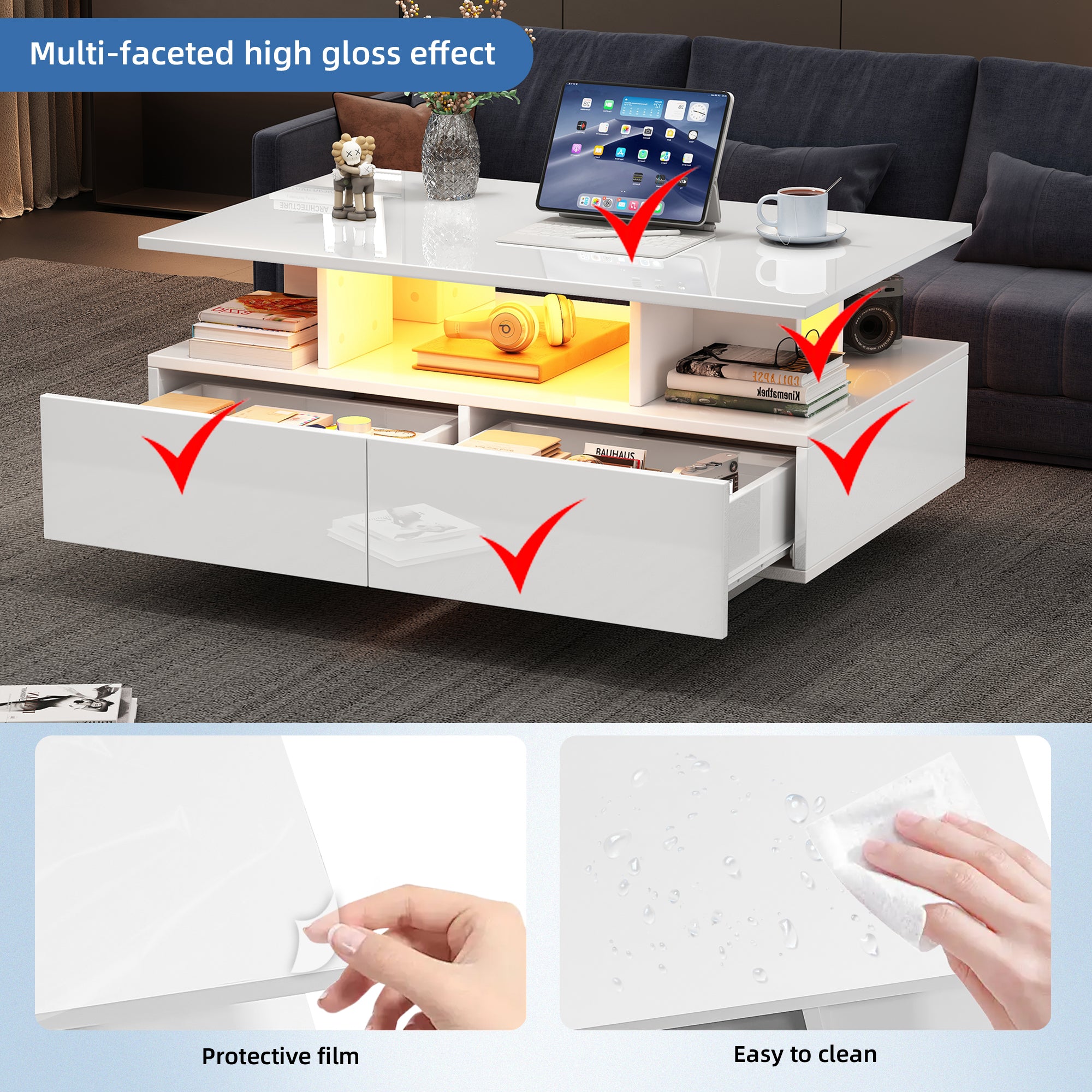 Modern high-gloss coffee table with LED lighting and 2 drawers 90x55x41 cm, 30 kg load capacity
