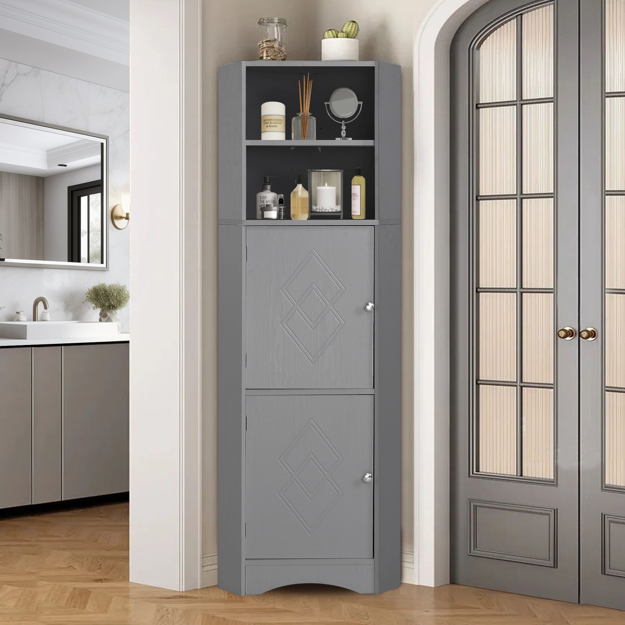Bathroom Cabinet, Corner with Adjustable Shelf & Storage, Light Grey