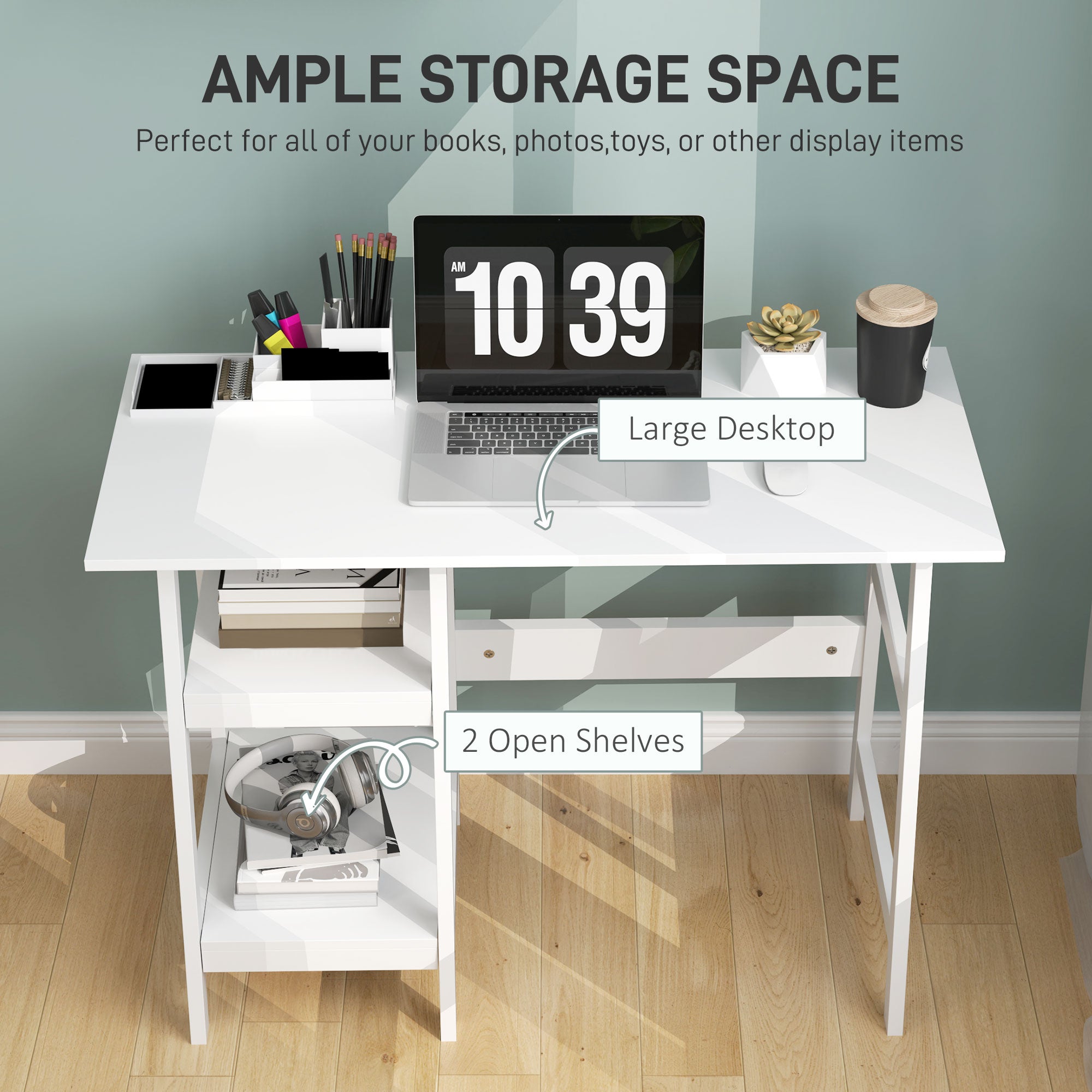 Compact Computer Desk with Storage Shelves and Bookshelf, 106 x 51cm, White