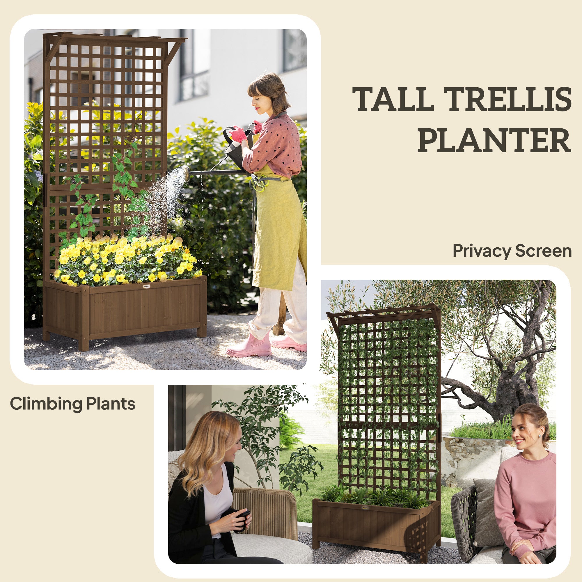 Raised Bed Planter with Drainage Holes and Trellis, Brown Wood