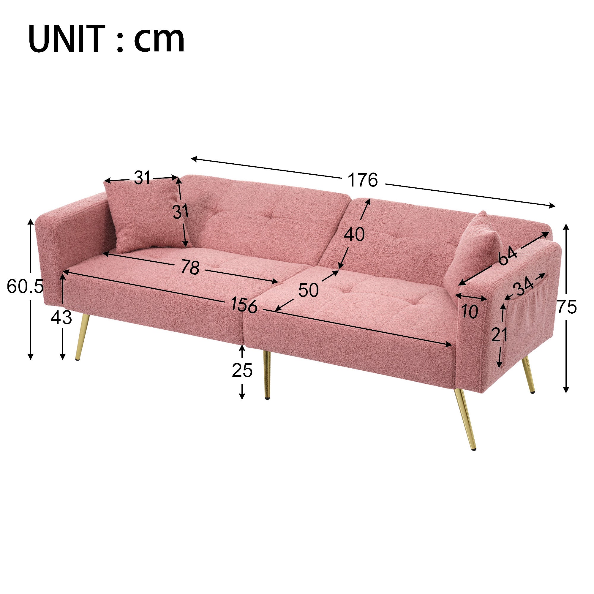 Sofa Bed, 3 Adjustable Backrest Angles, Gold Legs, Cushions & Side Storage Pockets