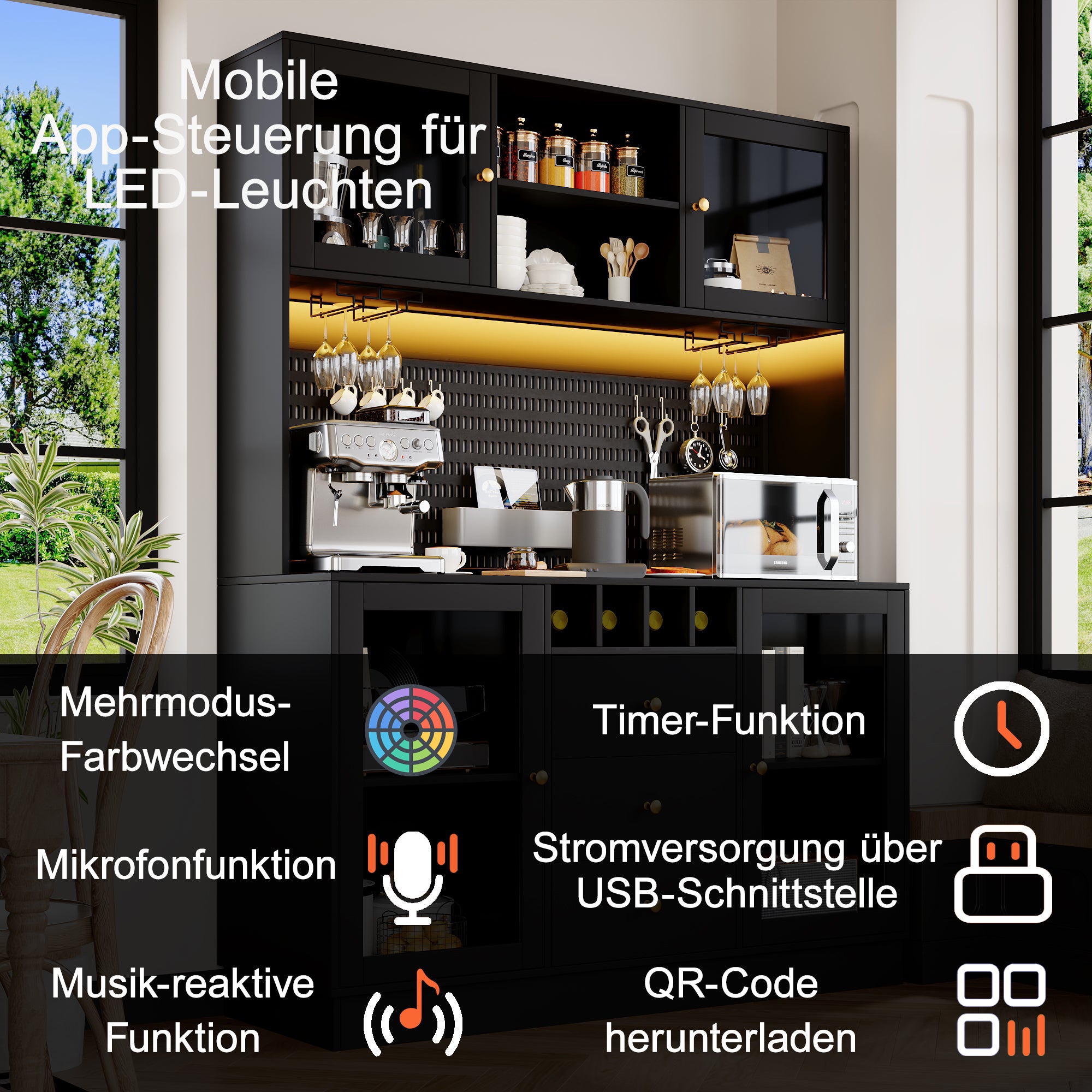 Modern Tall Cabinet with Smart LED Lighting, Wine Rack and Adjustable Shelves, Black