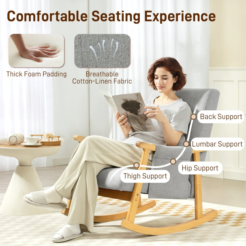 Wood Frame Rocking Accent Chair with 35° Rocking Base, Thick Padding, and Side Pocket, Light Grey