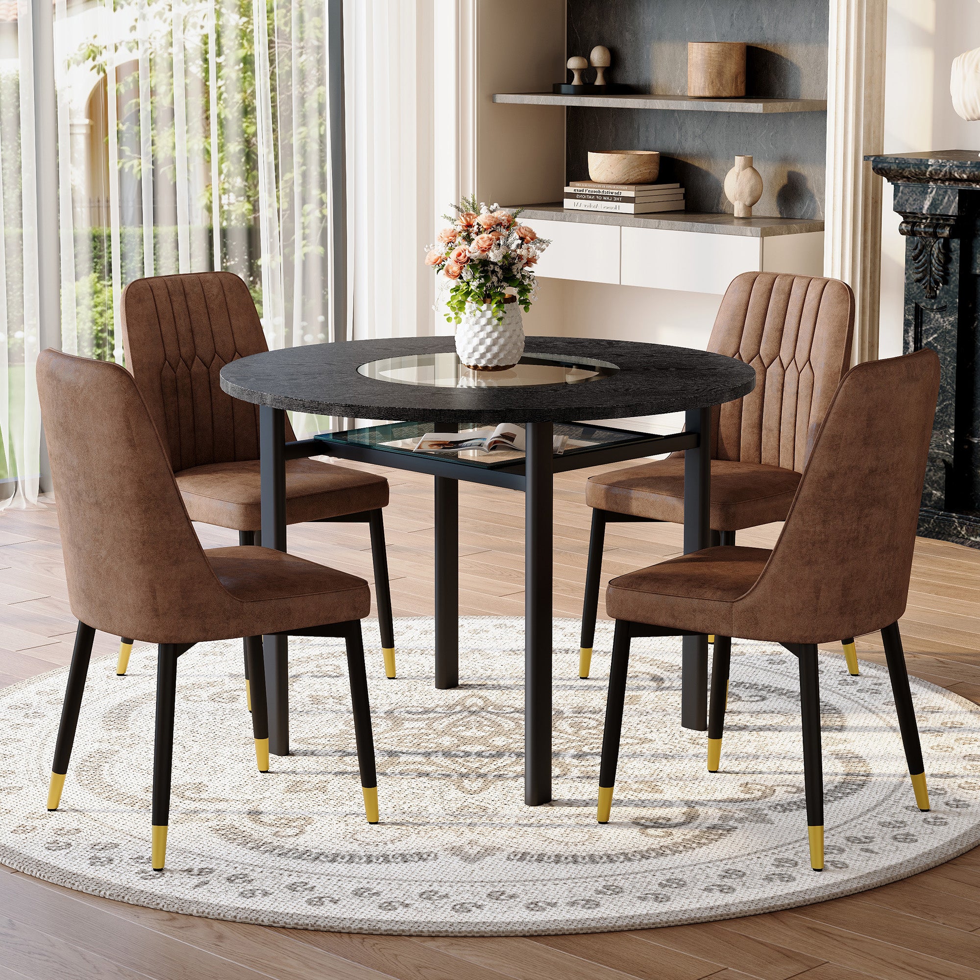 Modern Minimalist Round Table Set, 100cm Diameter, 4 Armchairs, Black Wood Look/Brown Tech Fabric