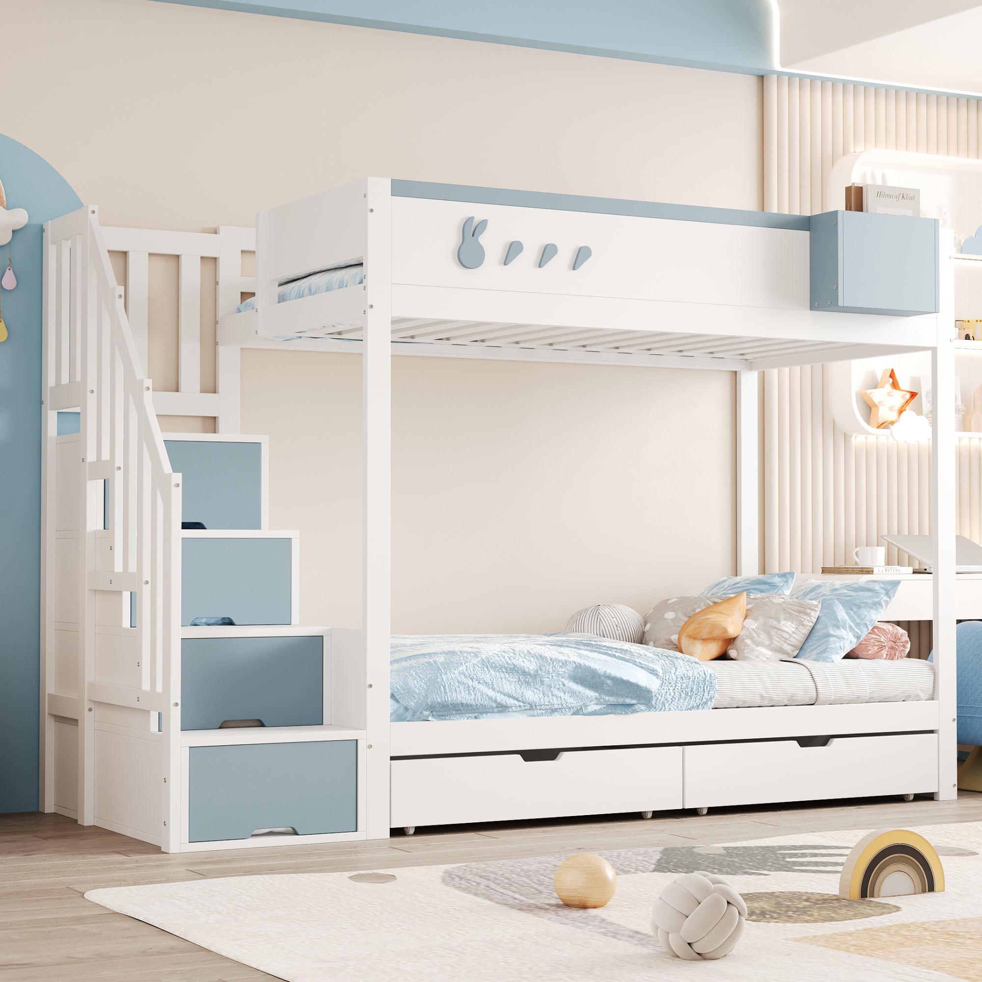 Bunk Bed for Children 90x200cm Double Bed Ladder Storage Drawers Rabbit/Carrot Motifs White + Blue