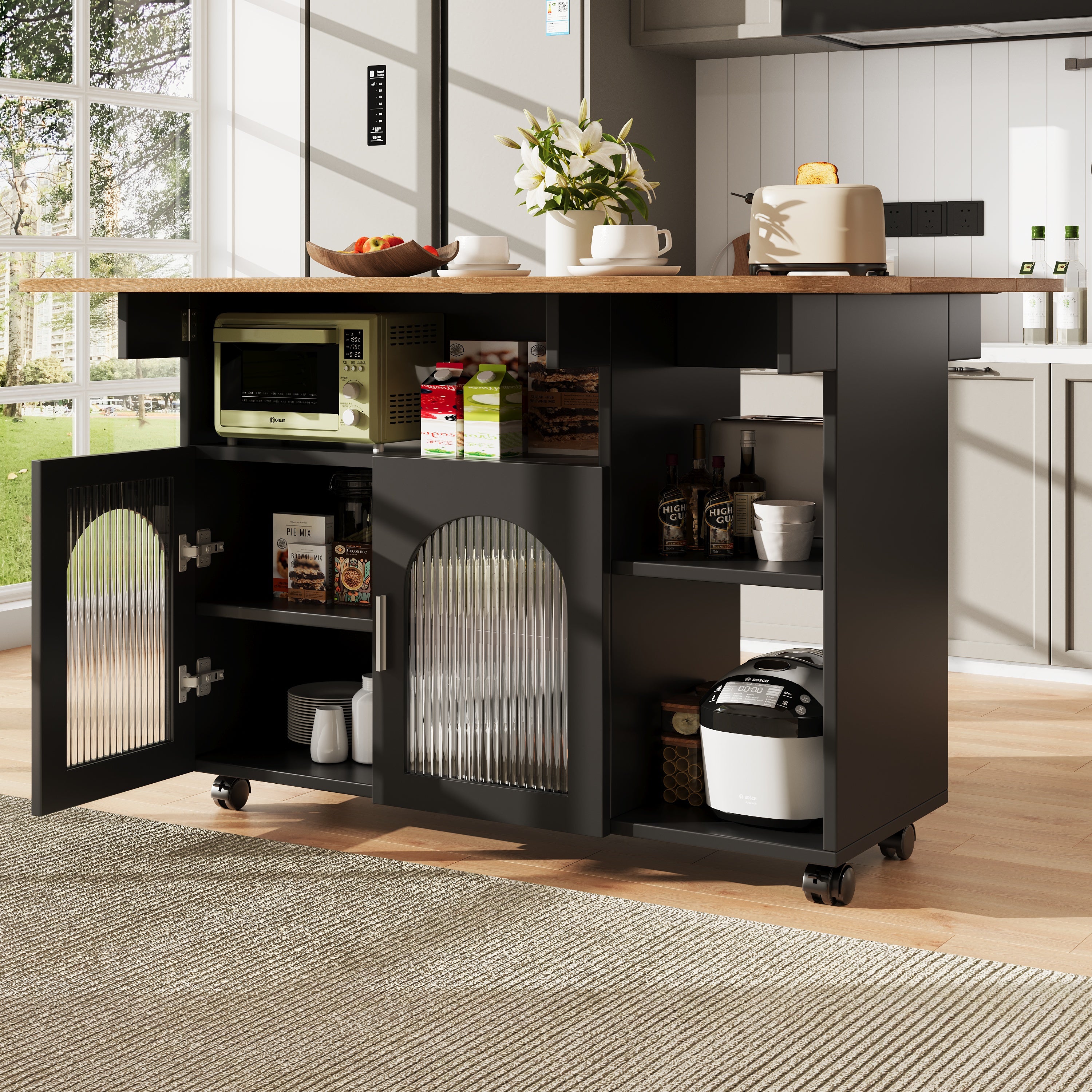 Kitchen Island Dining Cart - Multifunctional Table, Removable Trolley, Storage - Wood Grain Black