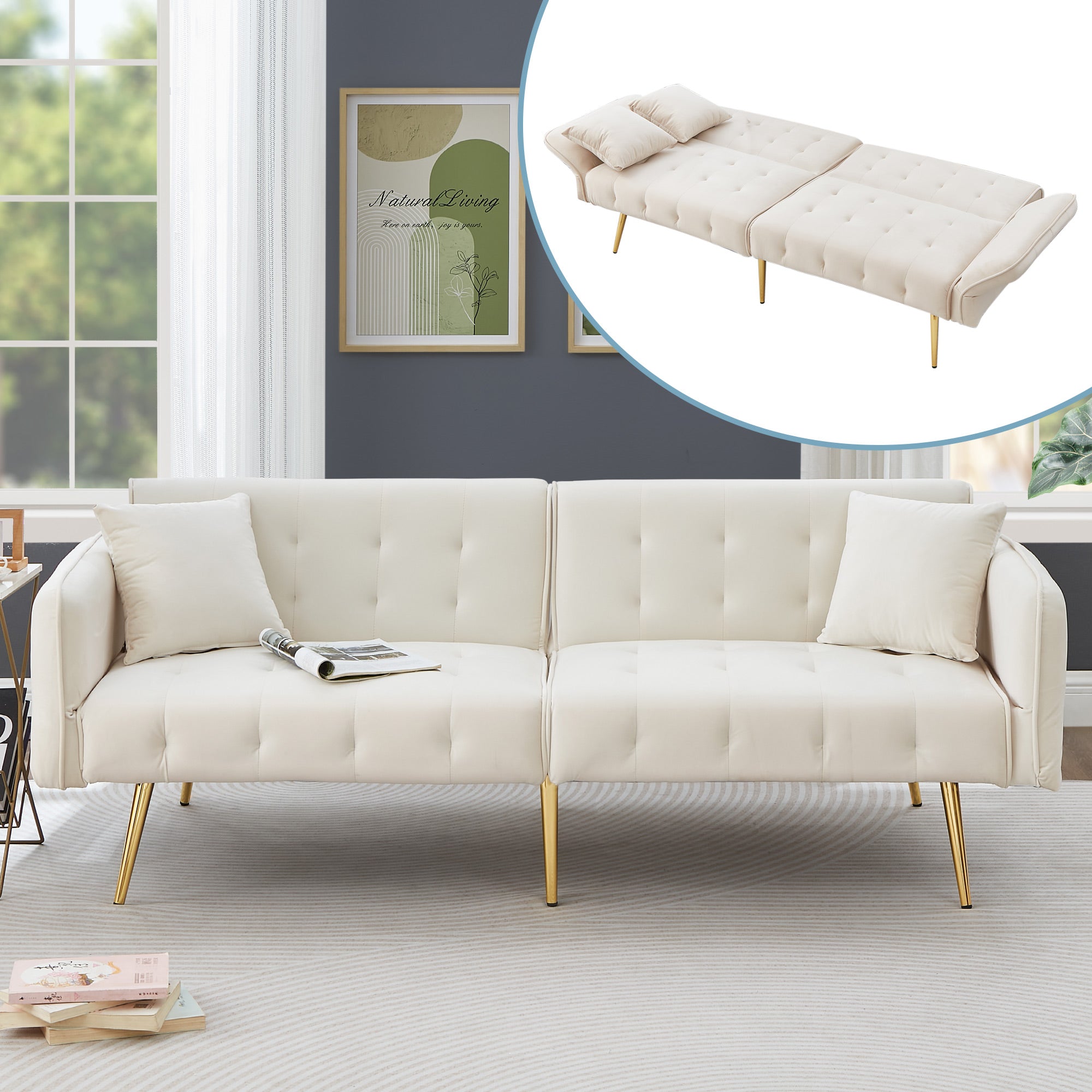 Sofa Bed, Two-Seater Multifunctional Folding with Adjustable Backrest & Armrests, Velour