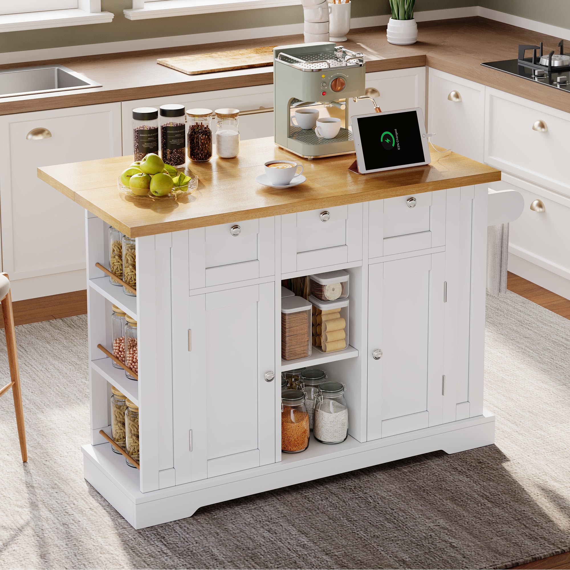 Mobile Kitchen Table 132cm Folding Worktop Multifunctional Cabinet 5 Wheels Integrated Socket