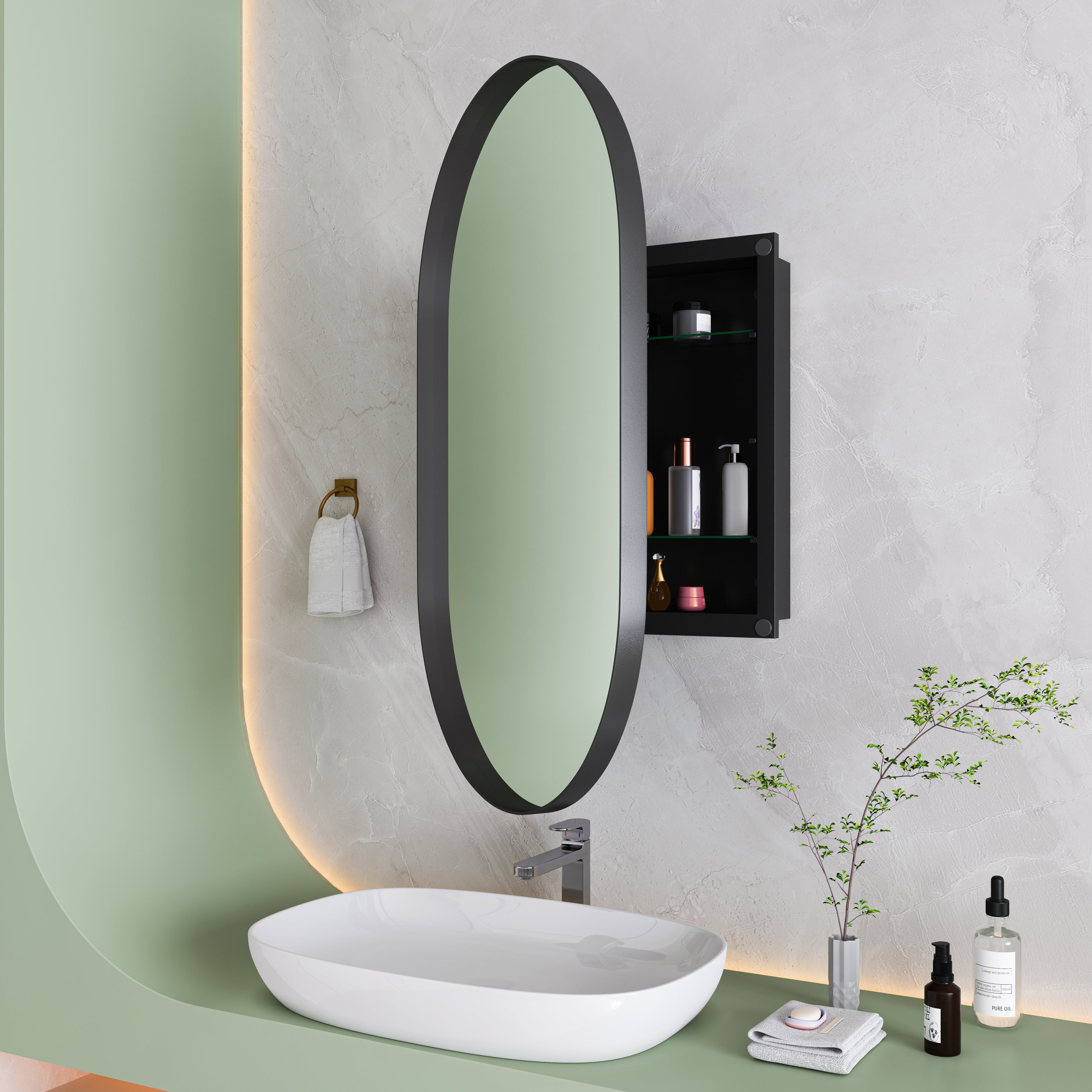 Stylish Oval Mirror Cabinet, Wall with Adjustable Shelves, Black
