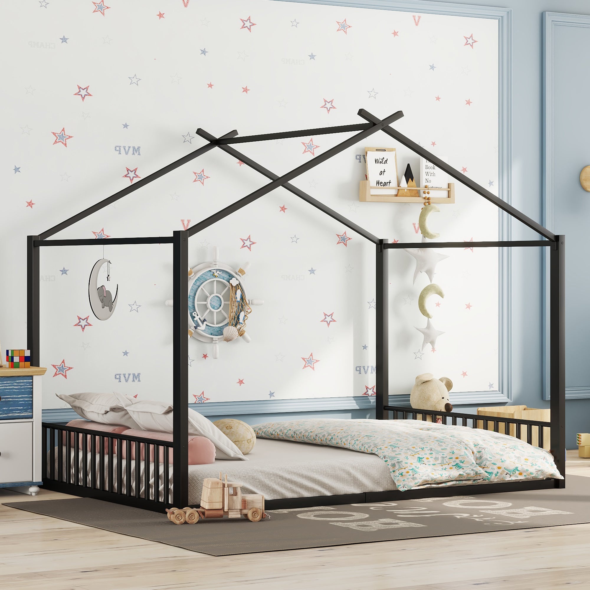 Children's Bed, 140x200cm House Rail Iron Frame, Black
