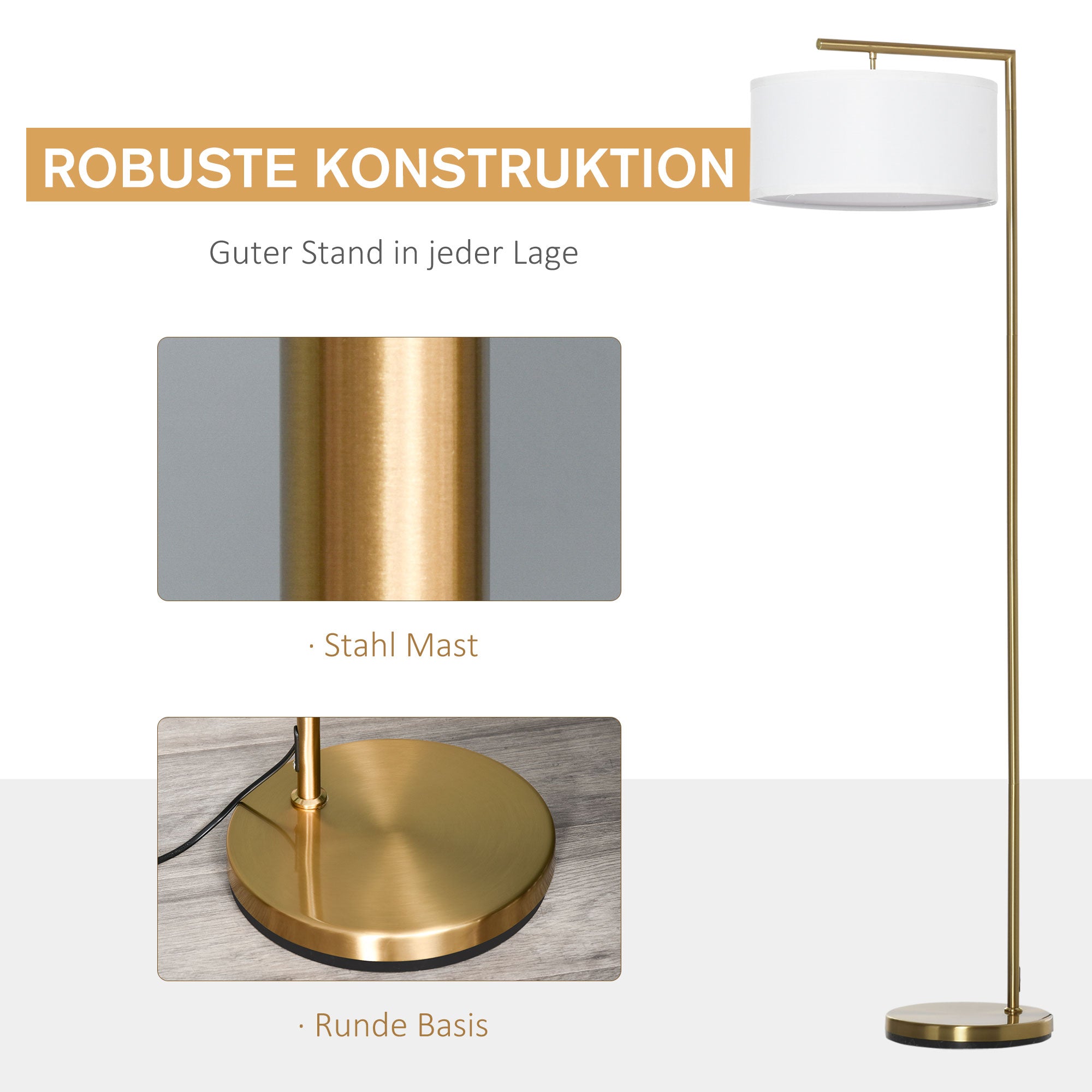 Floor Lamp with E27 Socket for Living Room, Bedroom, Office, Metal, Steel, Linen, Gold, White