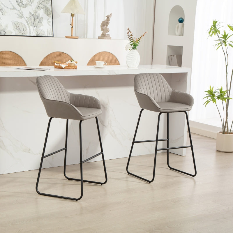 Bar Stools, Set of 2 Upholstered with Metal Legs, Grey