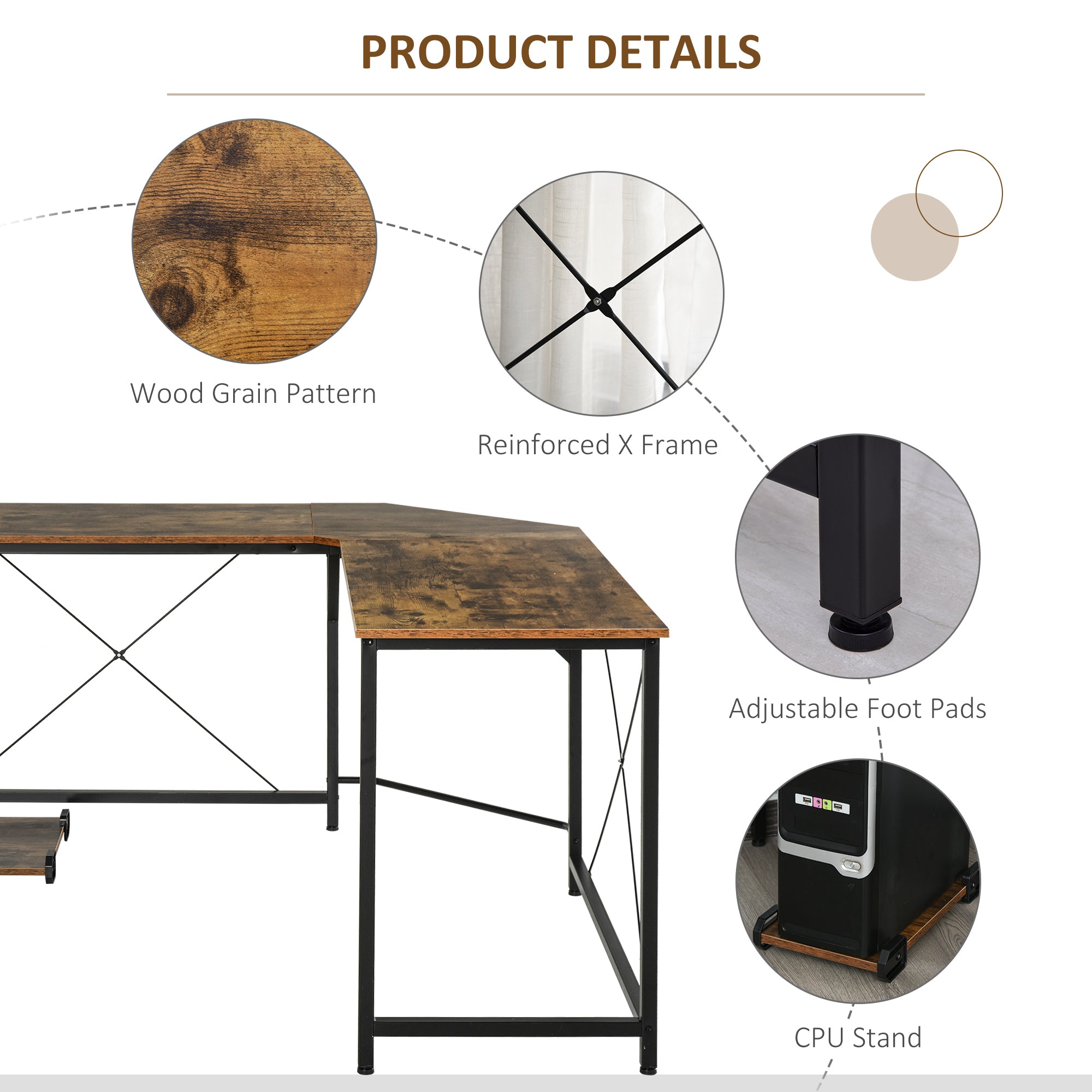 L-Shaped Corner Gaming Computer Desk, 150x150x75cm, Rustic Brown