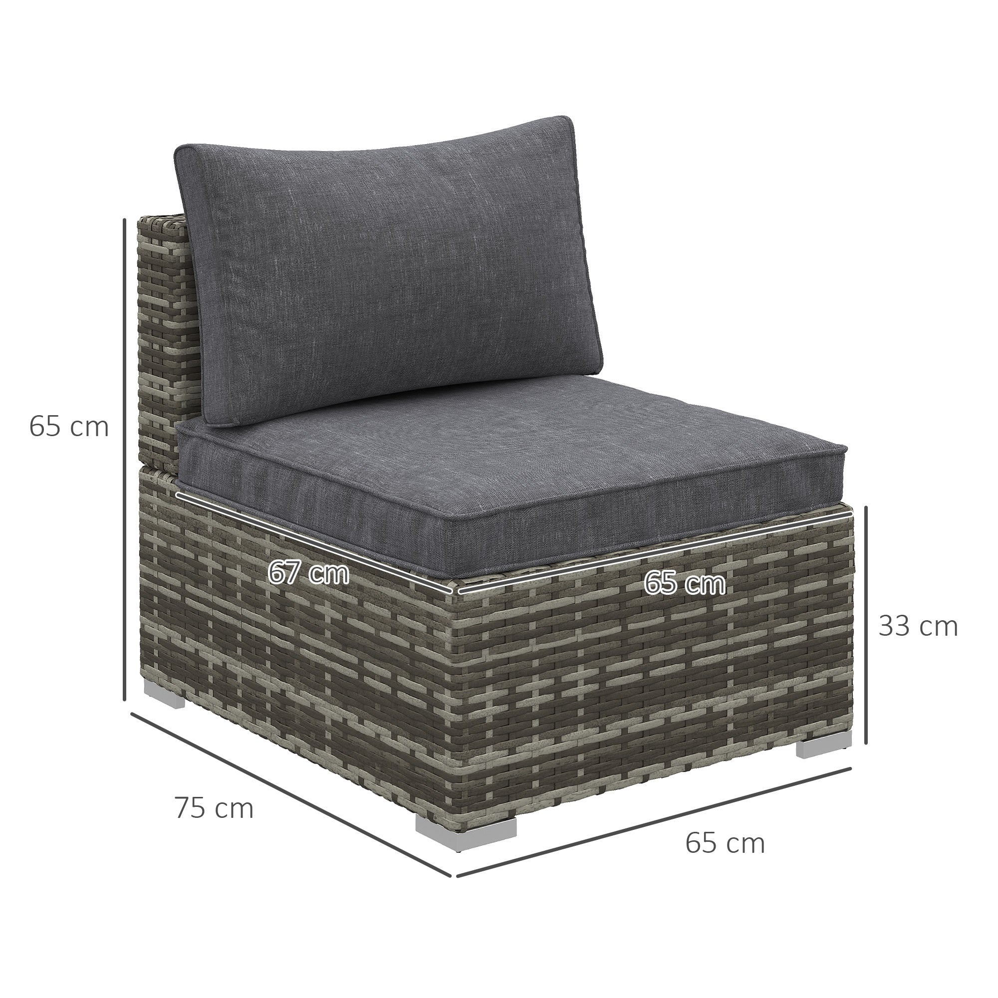 Armless Rattan Garden Chair with Cushions, Adjustable Footpads, Deep Grey PE Wicker