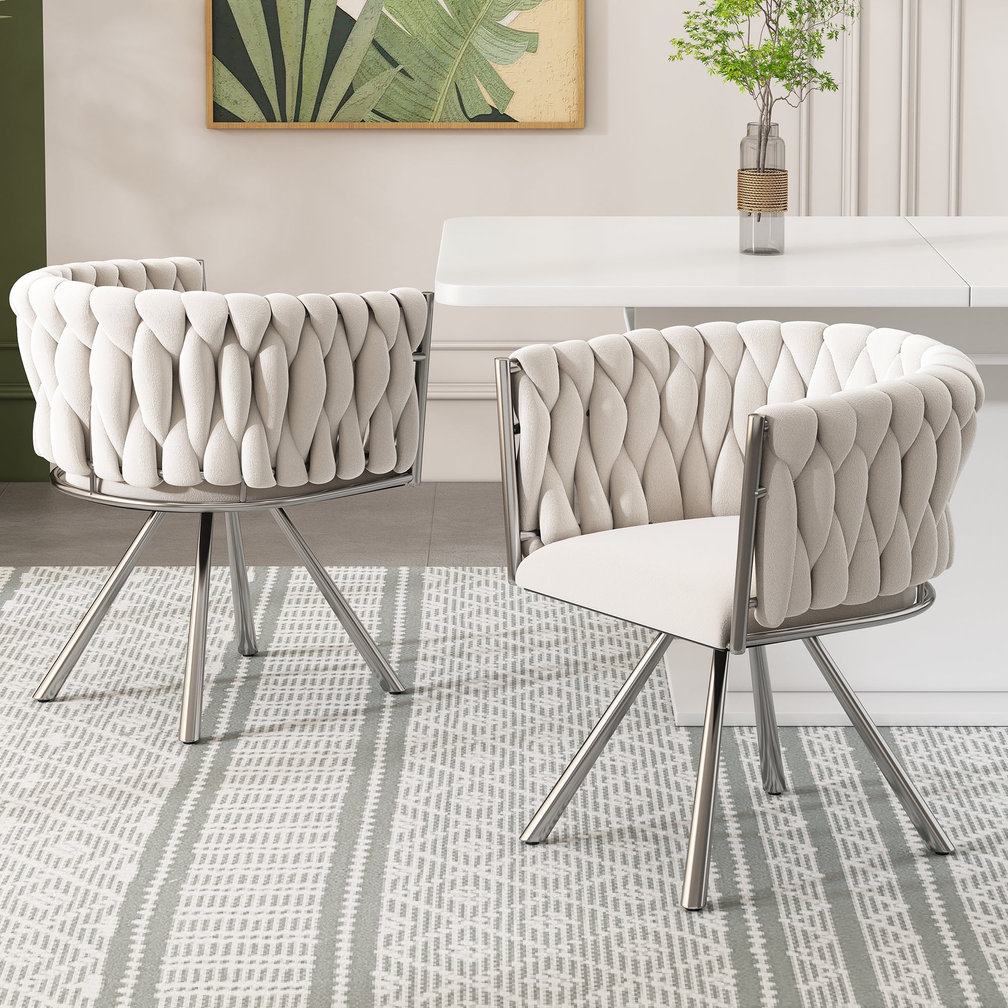 Velvet Dining Chair Set of 2, Swivel Chair with Metal Legs, Beige+Silver
