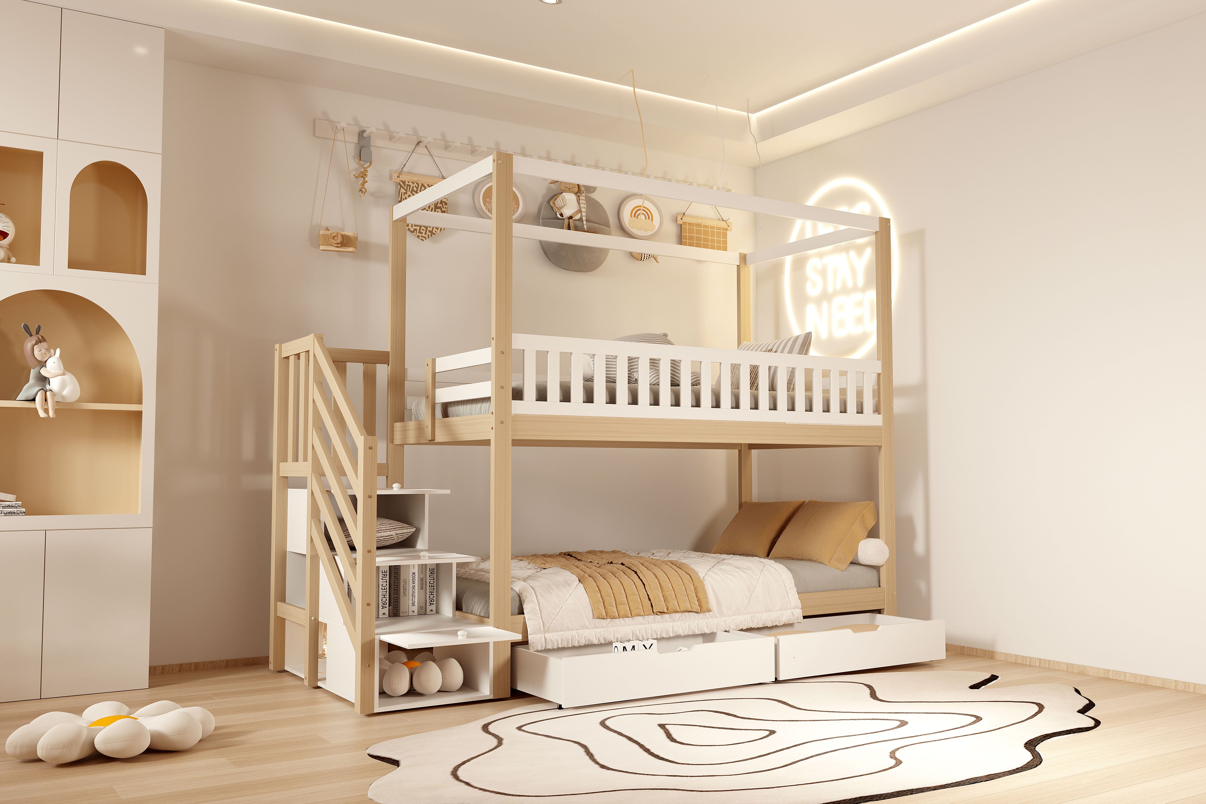Bunk Bed, 90x200cm Solid Wood Double with Storage & Ladder, White & Wood