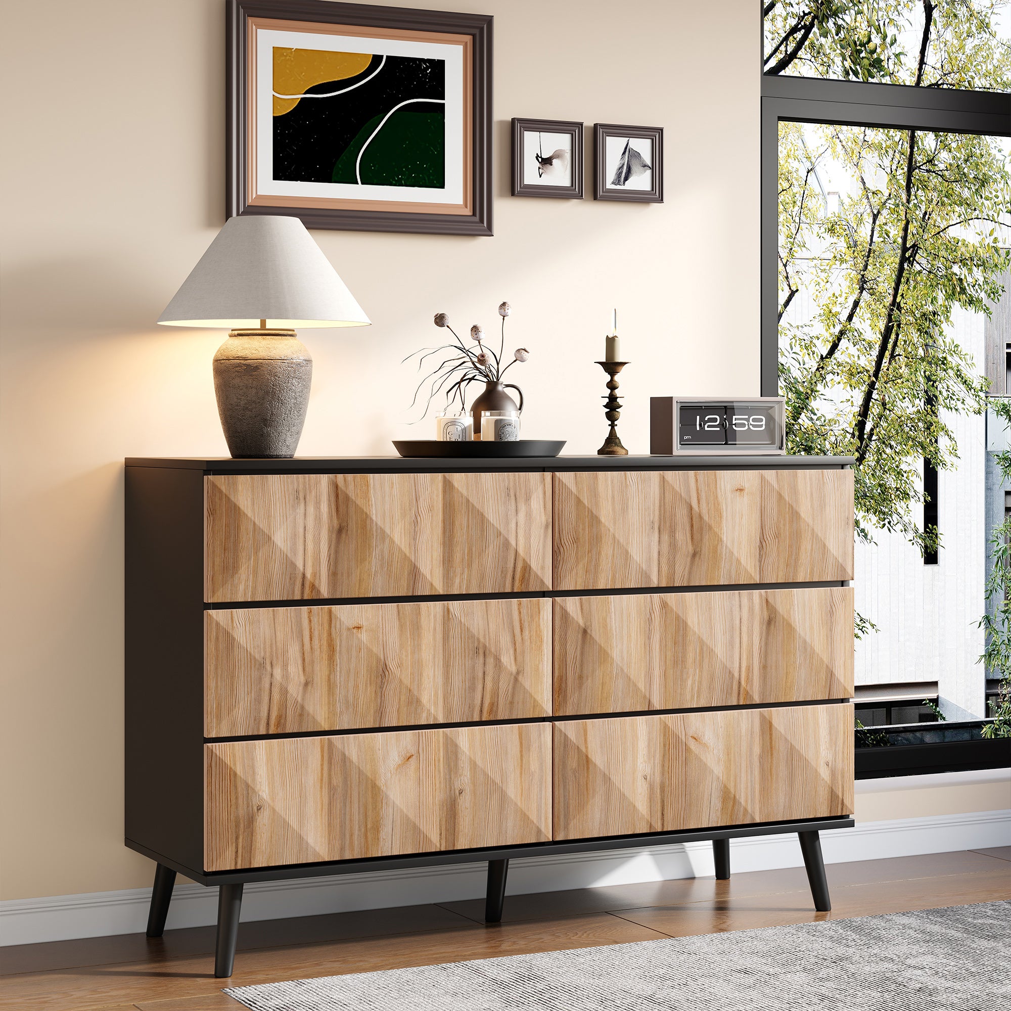 Sideboard and Chest of Drawers, Raised Doors, Black and Natural Wood
