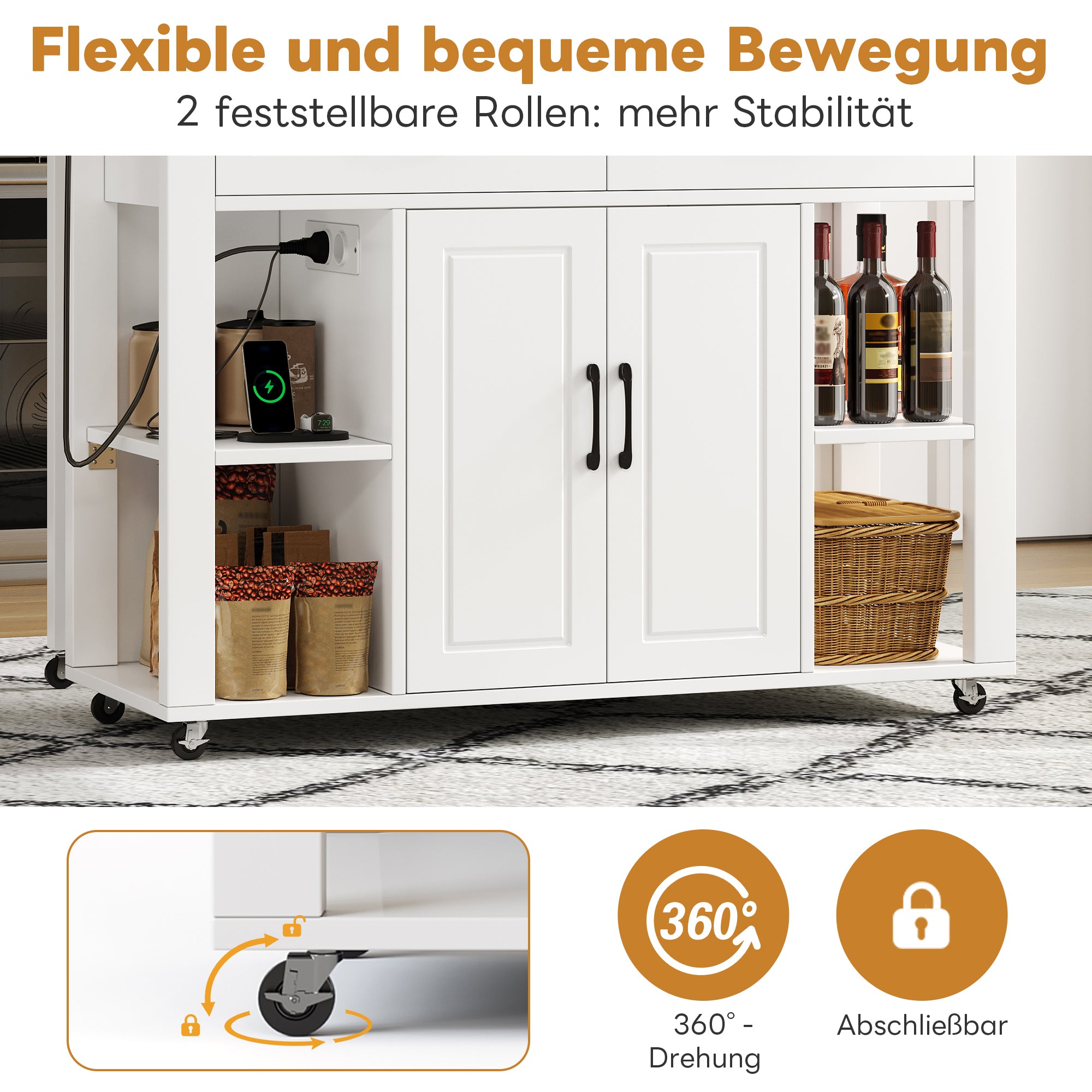 Mobile Kitchen Island with Power Outlets and Extendable Bar Counter, Wood Look