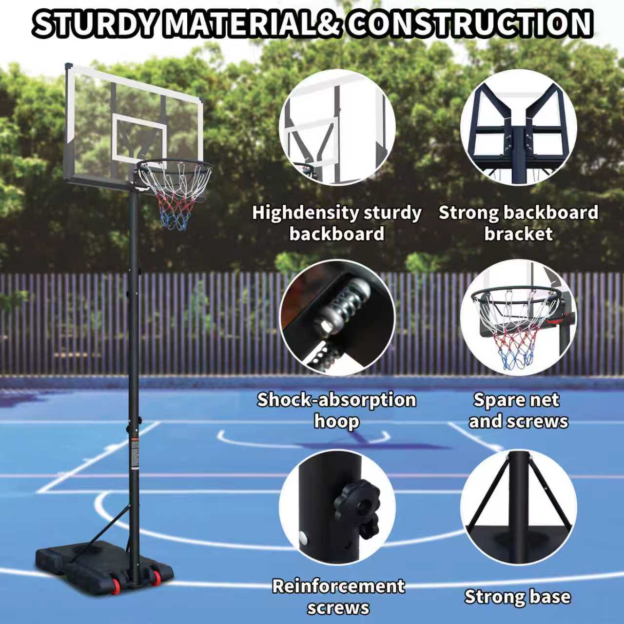 Outdoor Basketball Hoop with Height Adjustment and Rust-Proof Coating, White Silk-Screen Design