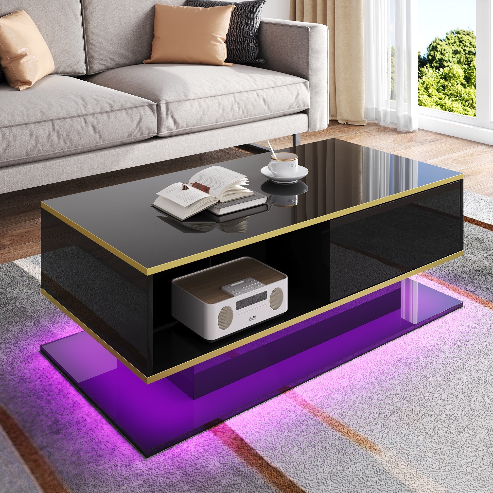 High-Gloss LED Coffee Table Modern 100cm with 3 Drawers USB Light Strip Gold Trim