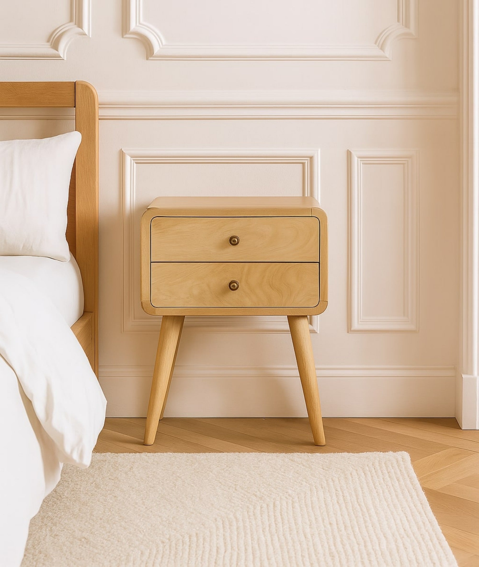 Solid Wood Bedside, Curved 2 Drawers, Beige Oak-ish