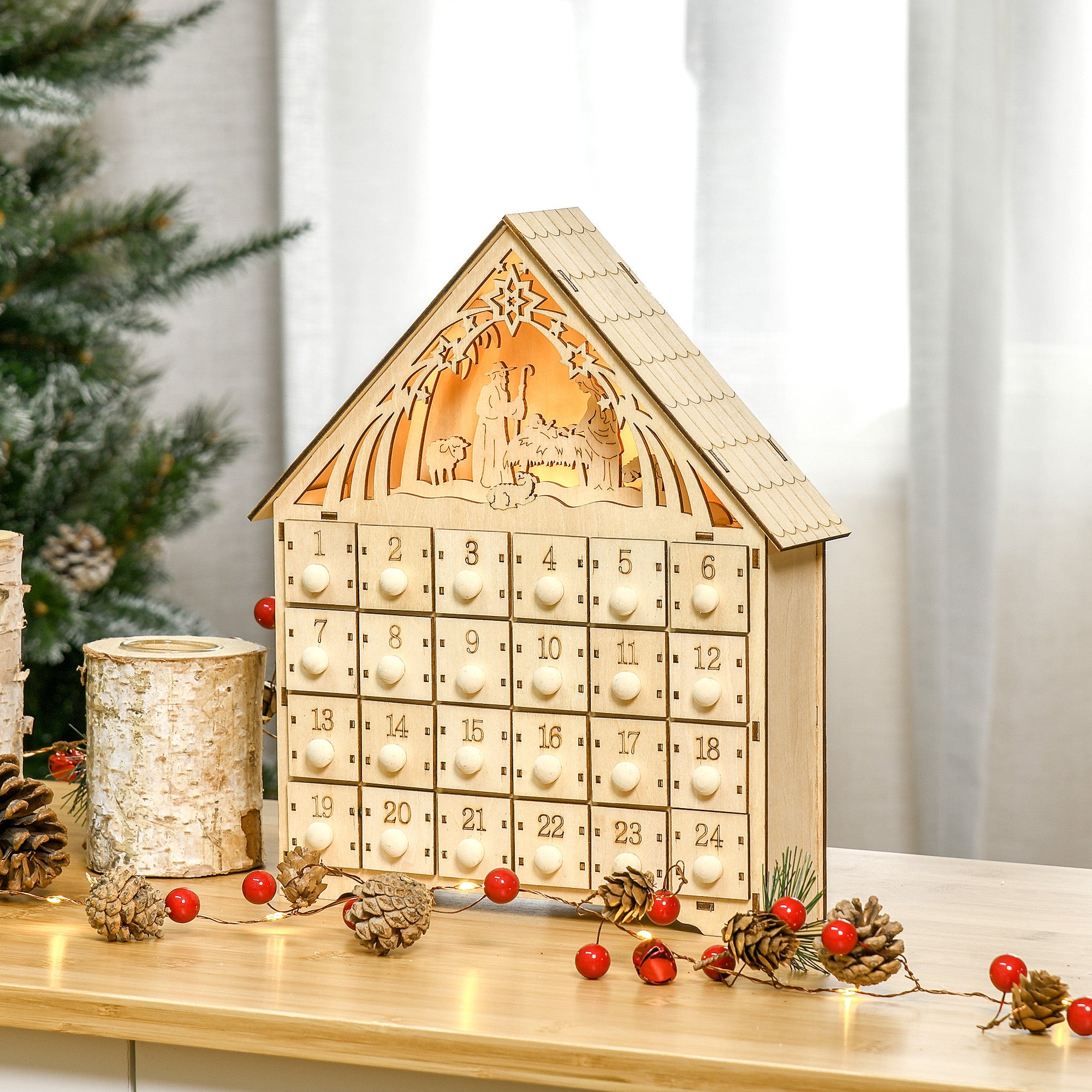 Advent Calendar, 24 Drawers, LED Lights, Natural Wood