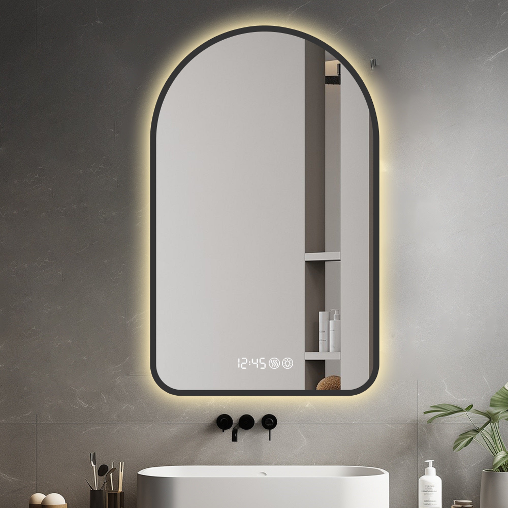 Arched LED Bathroom Mirror 60x120cm, Anti-Fog, Dimmable, Temp Display, Black Frame