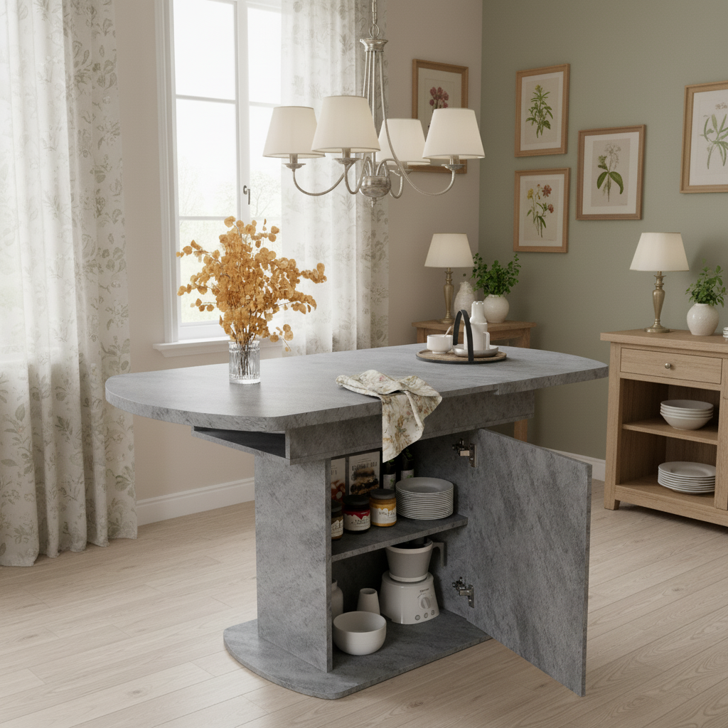 Extendable Oval Dining Table 110/130cm, Space-Saving, Storage Function, Cement Grey + Silver Handles