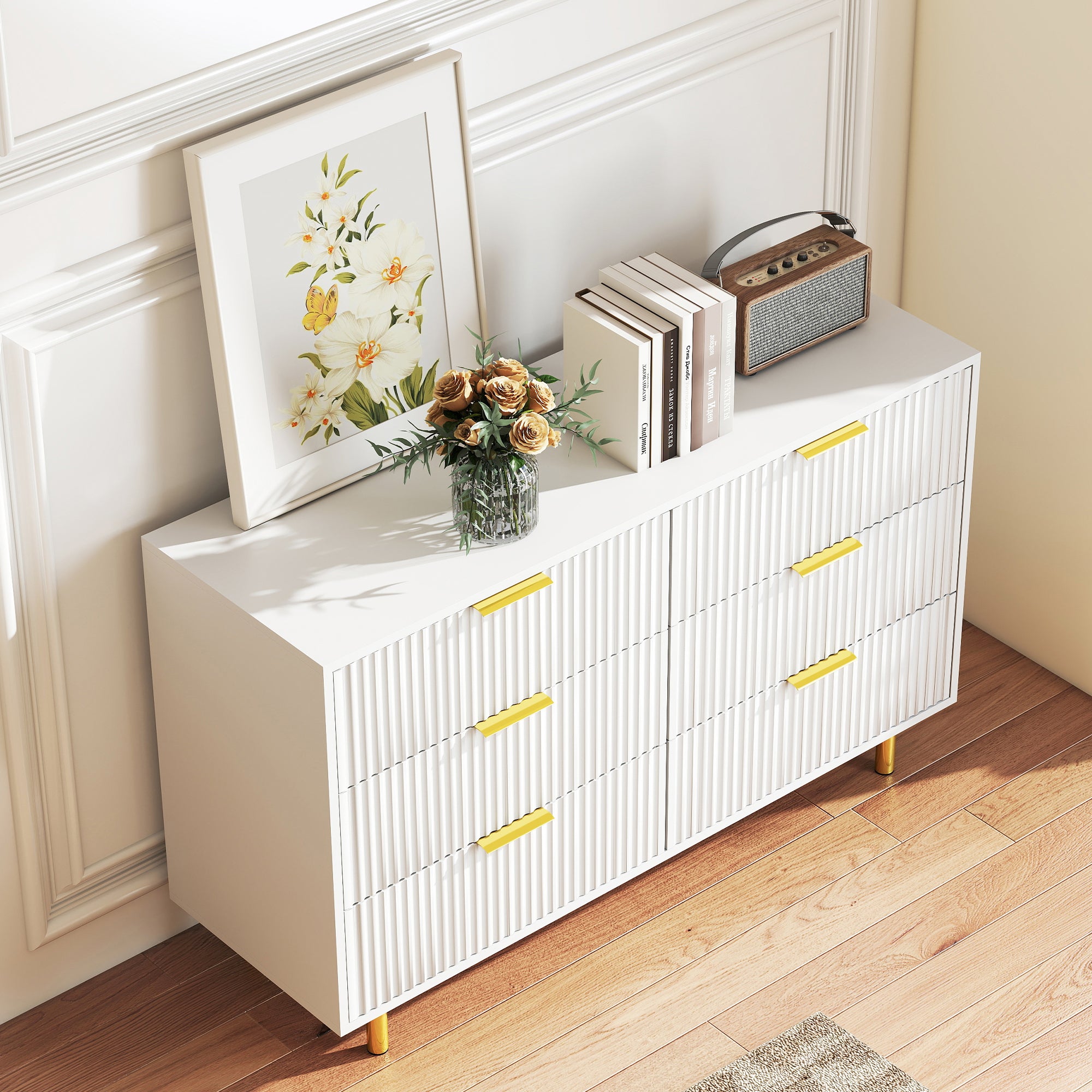 Chest of Drawers Sideboard with 6 Drawers and Modern Design, White and Gold