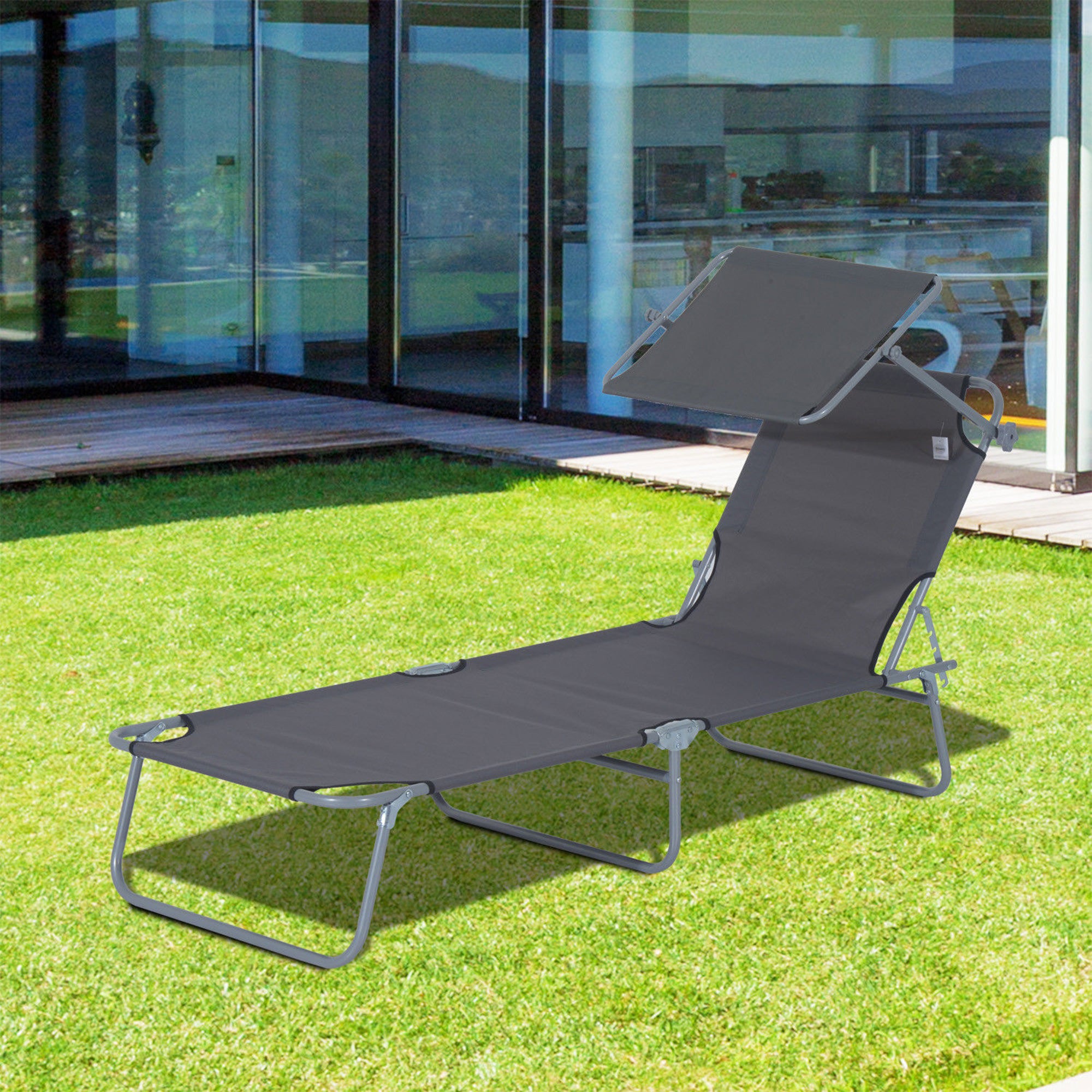 Folding Sun Lounger Deck Chair with Sunshade 187x58x36 cm, Grey