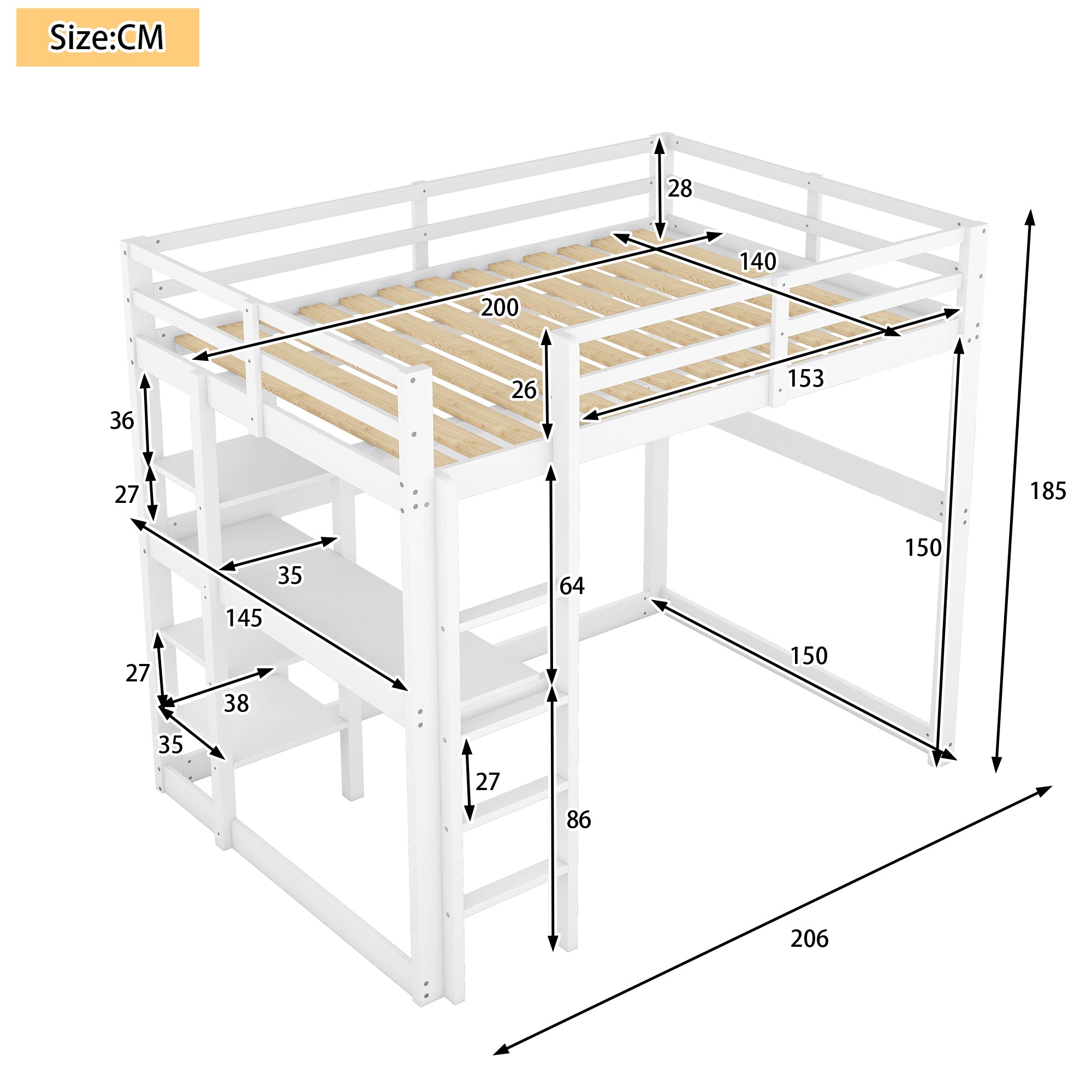 Children's Bunk Bed Frame, Pine Storage Bed with Desk & 4 Compartments, White