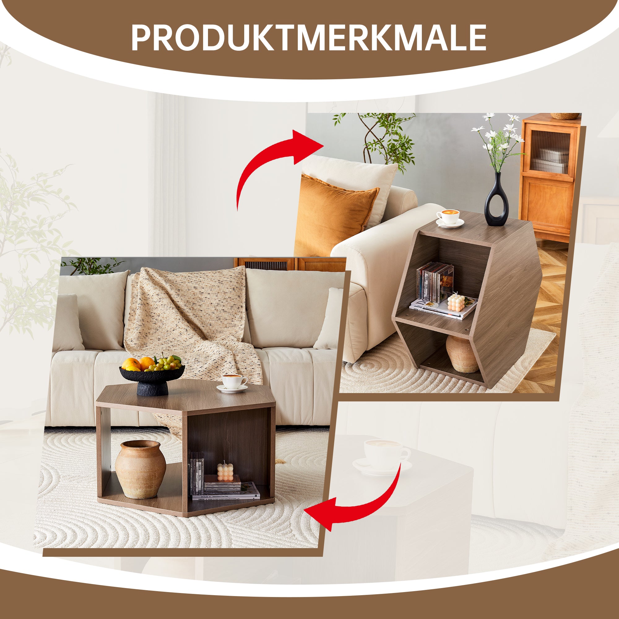 Hexagonal Coffee Table Multifunctional Modern Design 79x69.4x40 cm