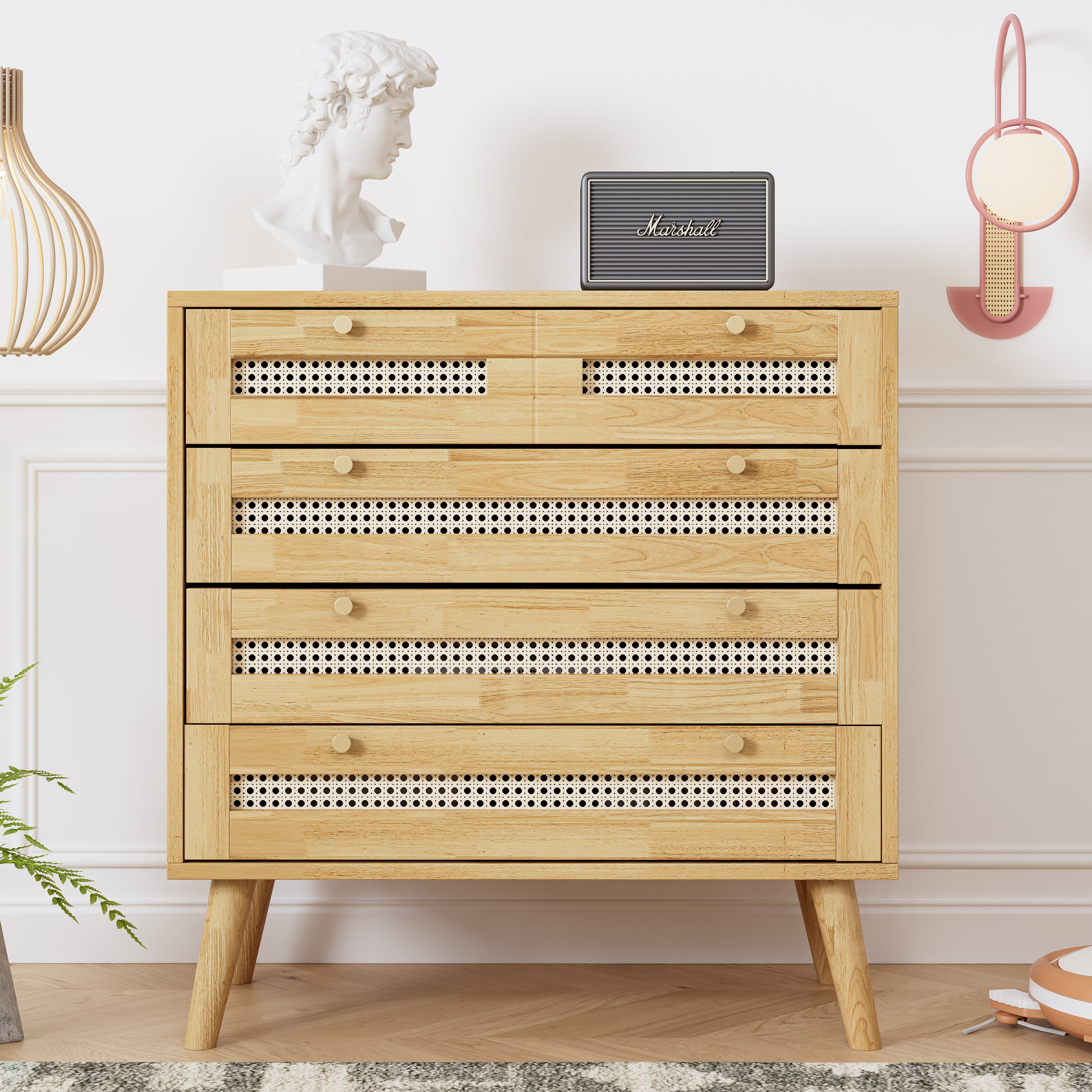 Classic chest of drawers with 3 drawers, rattan drawer top, gold metal handle, wooden legs, chipboard
