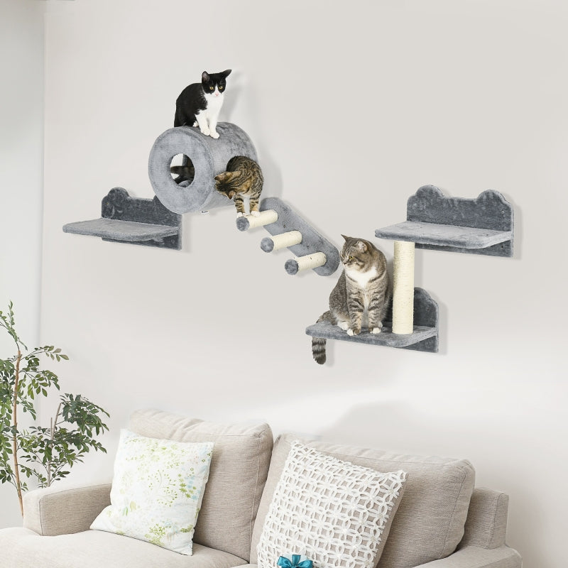 4PCs Wall-Mounted Cat Tree, Steps, Perch, Cat House - Grey